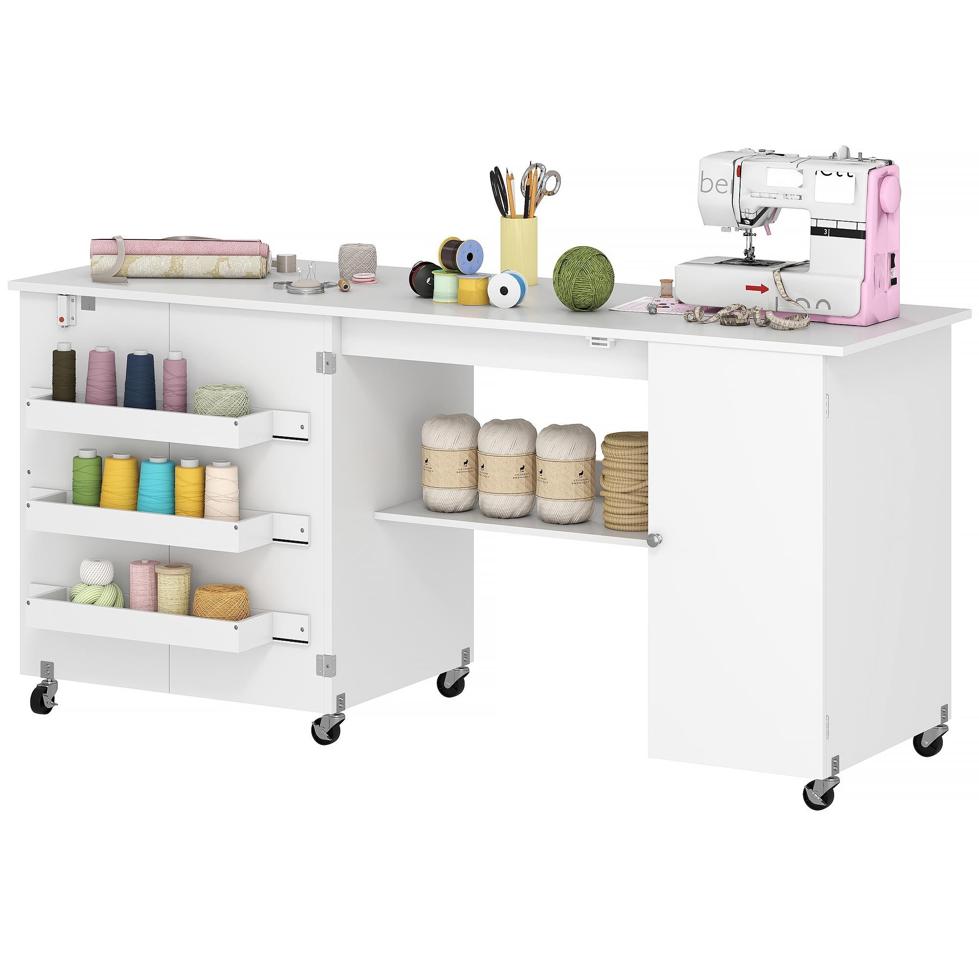 White Mobile Sewing Cabinet with Fold-Out 62.2-Inch Worktop