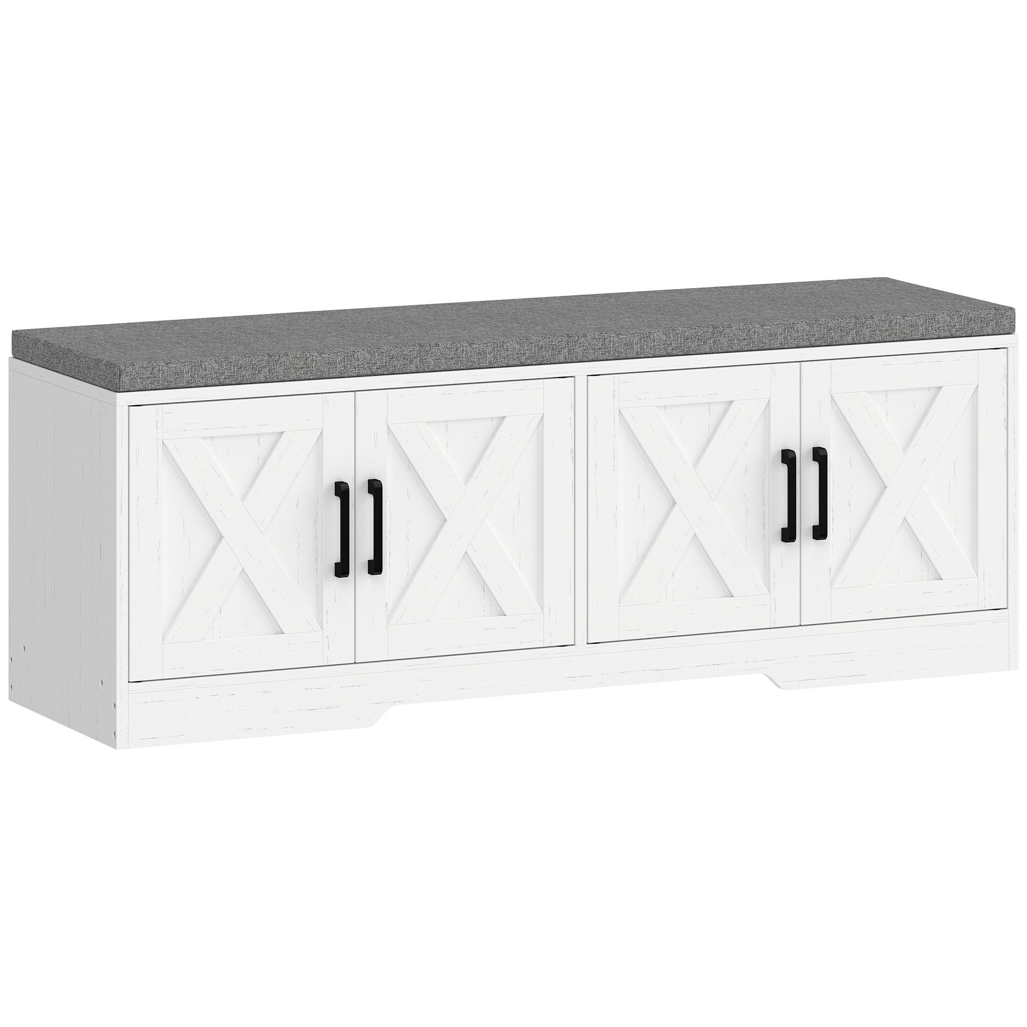 White 47 Inch Shoe Bench with Adjustable Shelves
