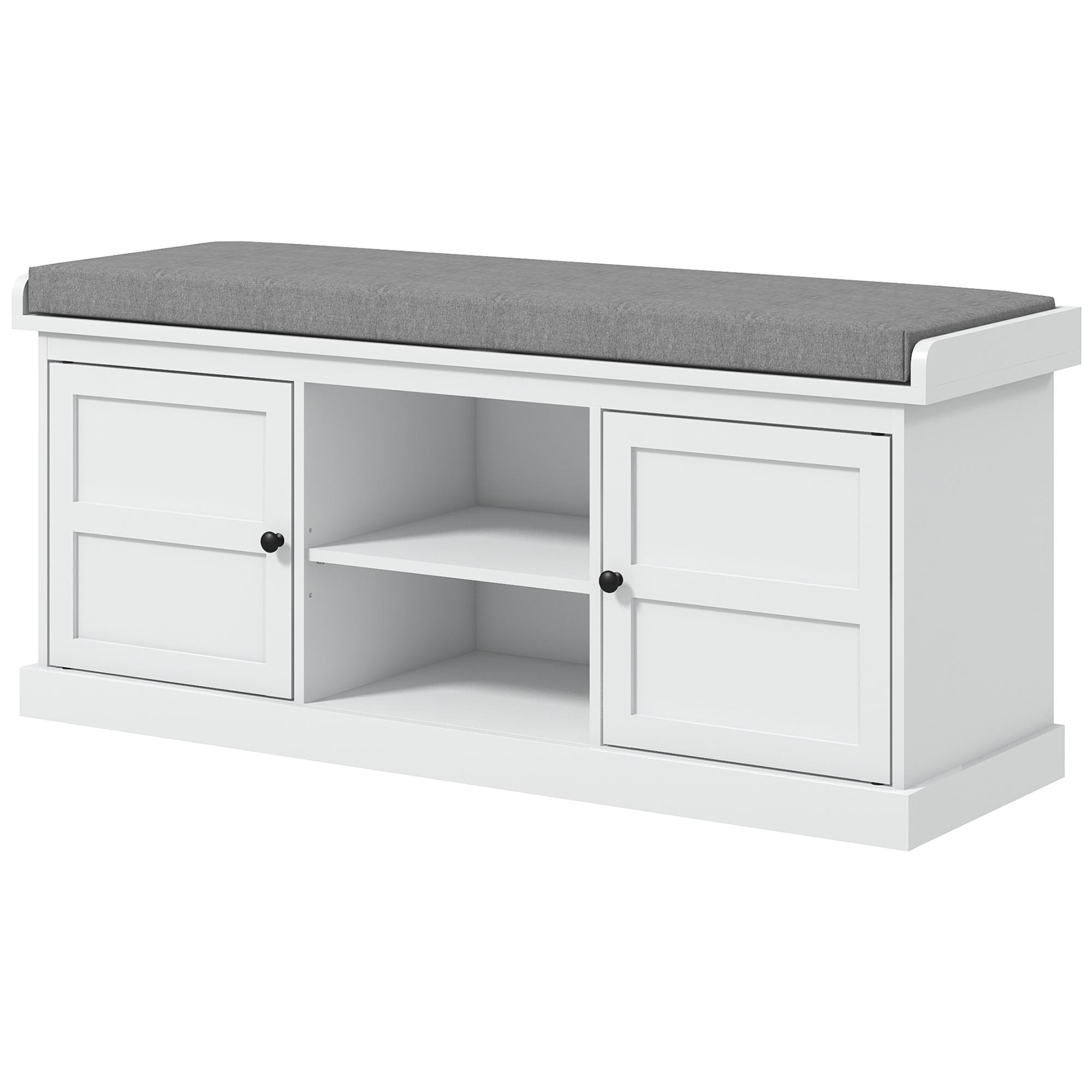 White 2 Cabinet Shoe Bench with Cushioned Seat
