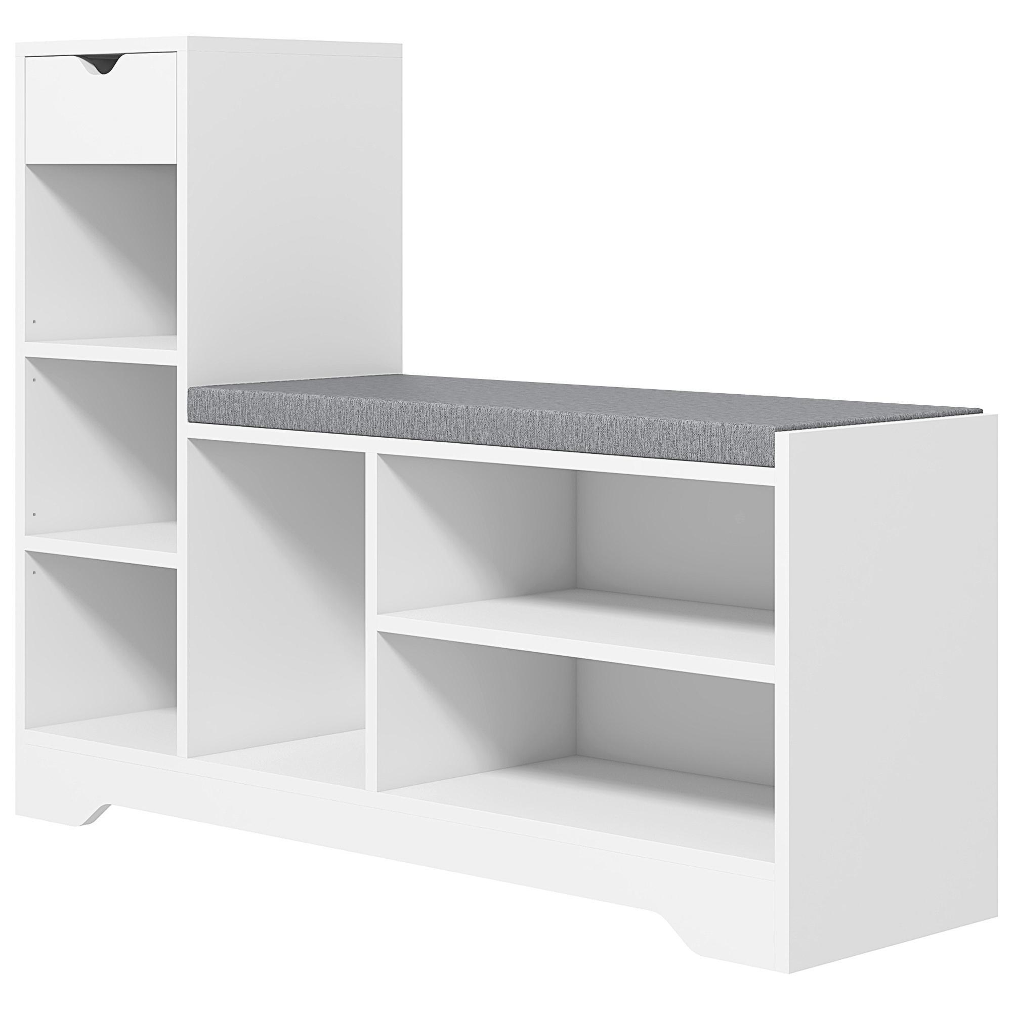 White Upholstered Shoe Bench with Drawer and Six Open Shelves