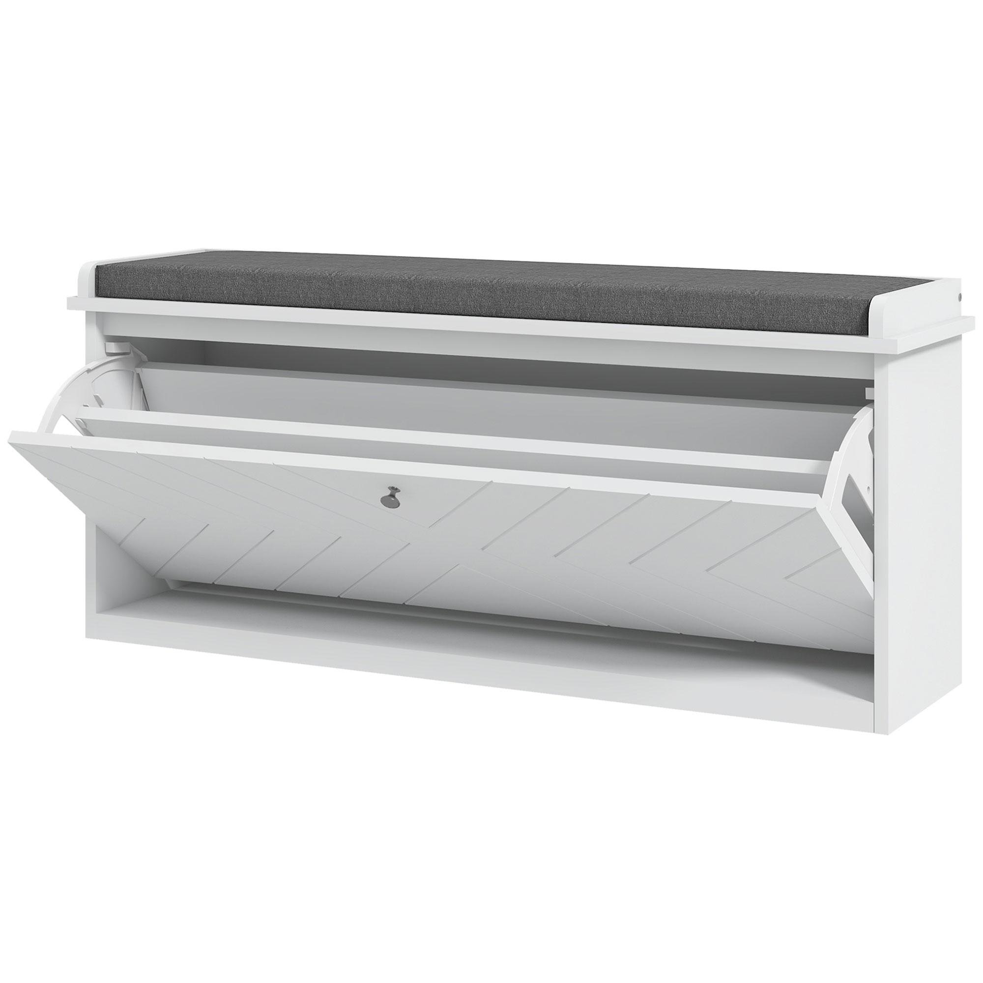 White Embossed Shoe Bench with Flip Drawer, 8-10 Pairs