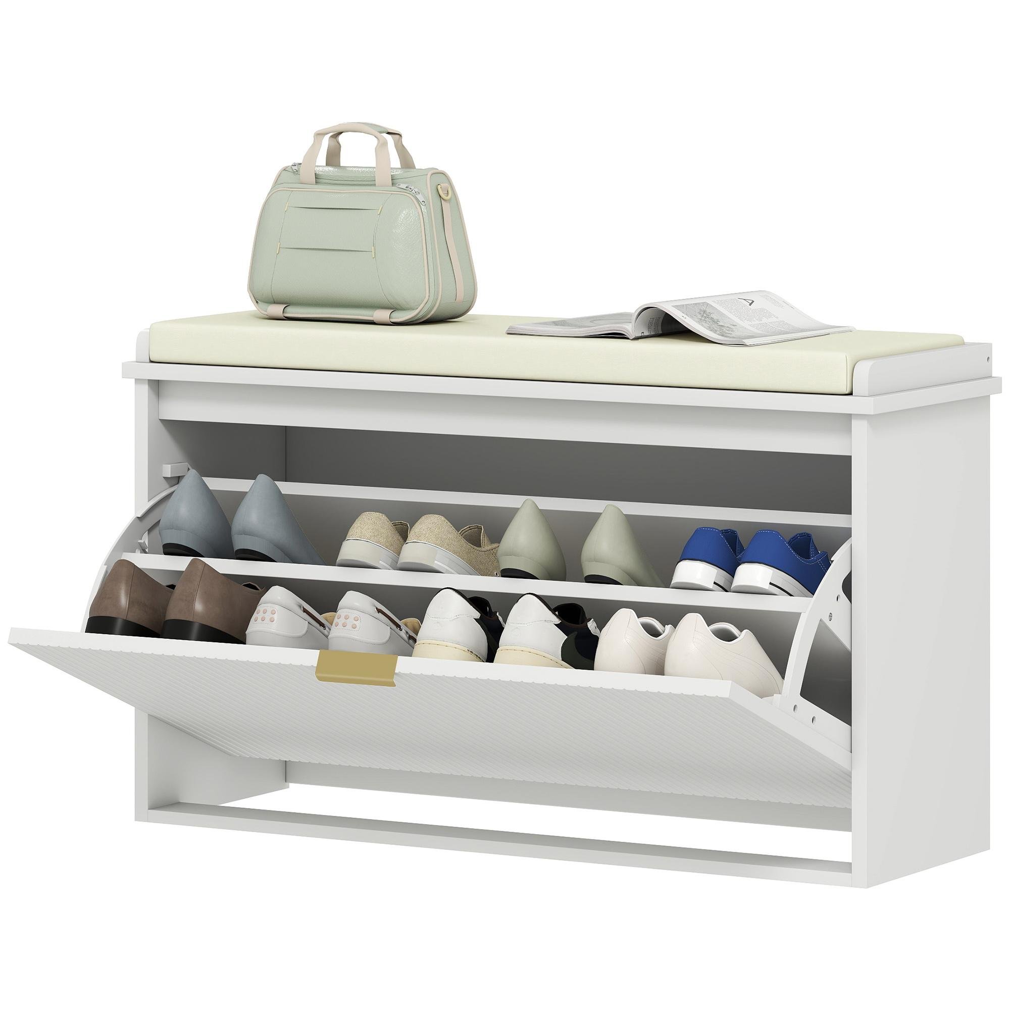 White 8 Pair Shoe Bench with Padded Seat and Flip Drawer