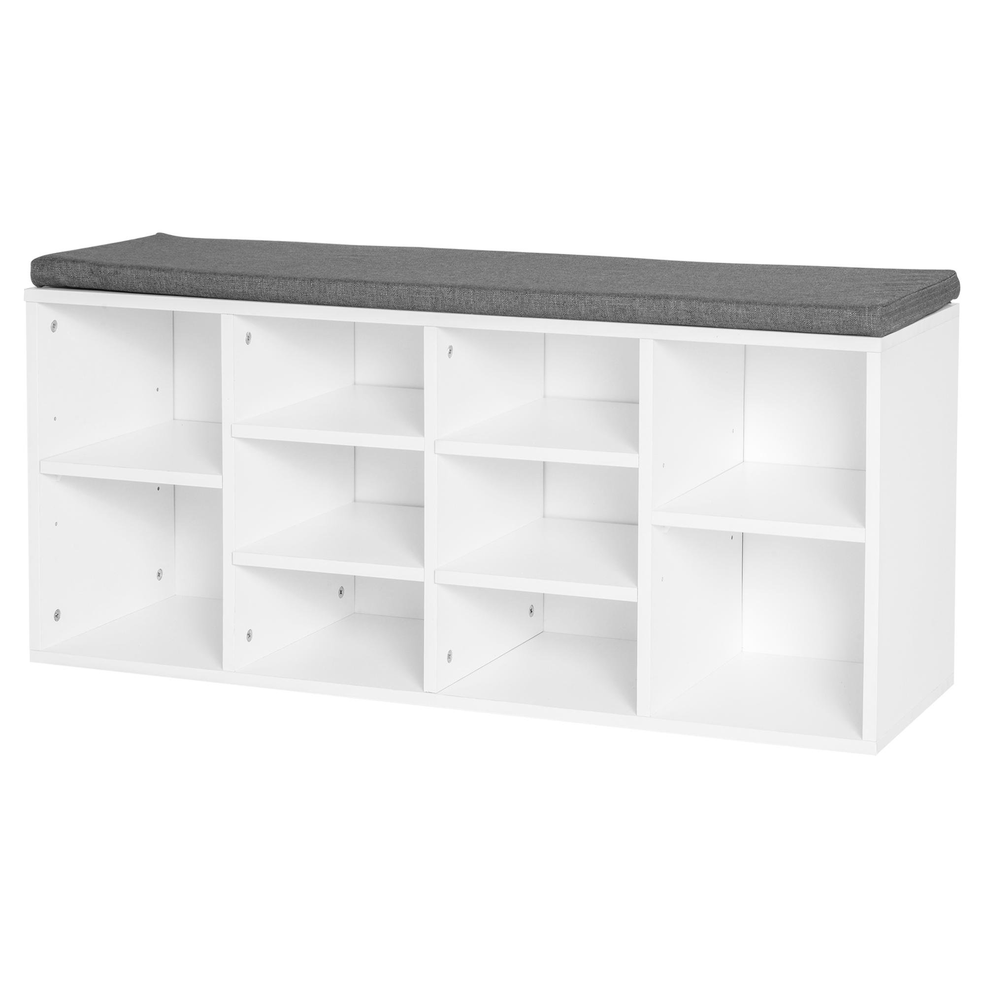 White 10 Compartment Shoe Bench with Adjustable Shelves