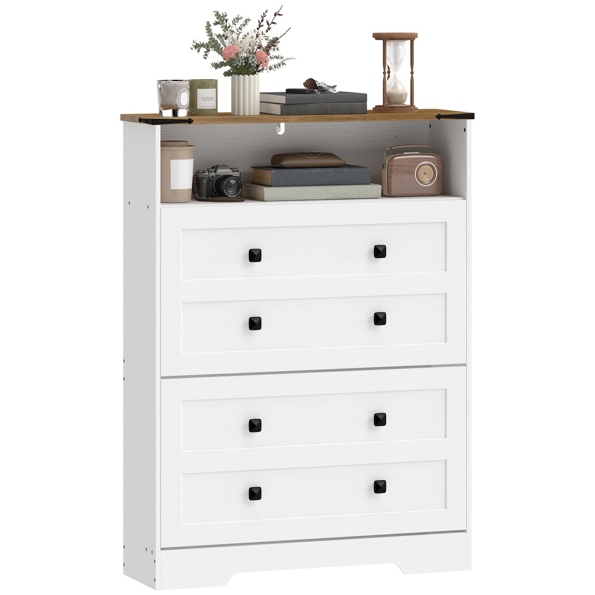 White Brown Narrow Shoe Cabinet with 2 Flip Drawers
