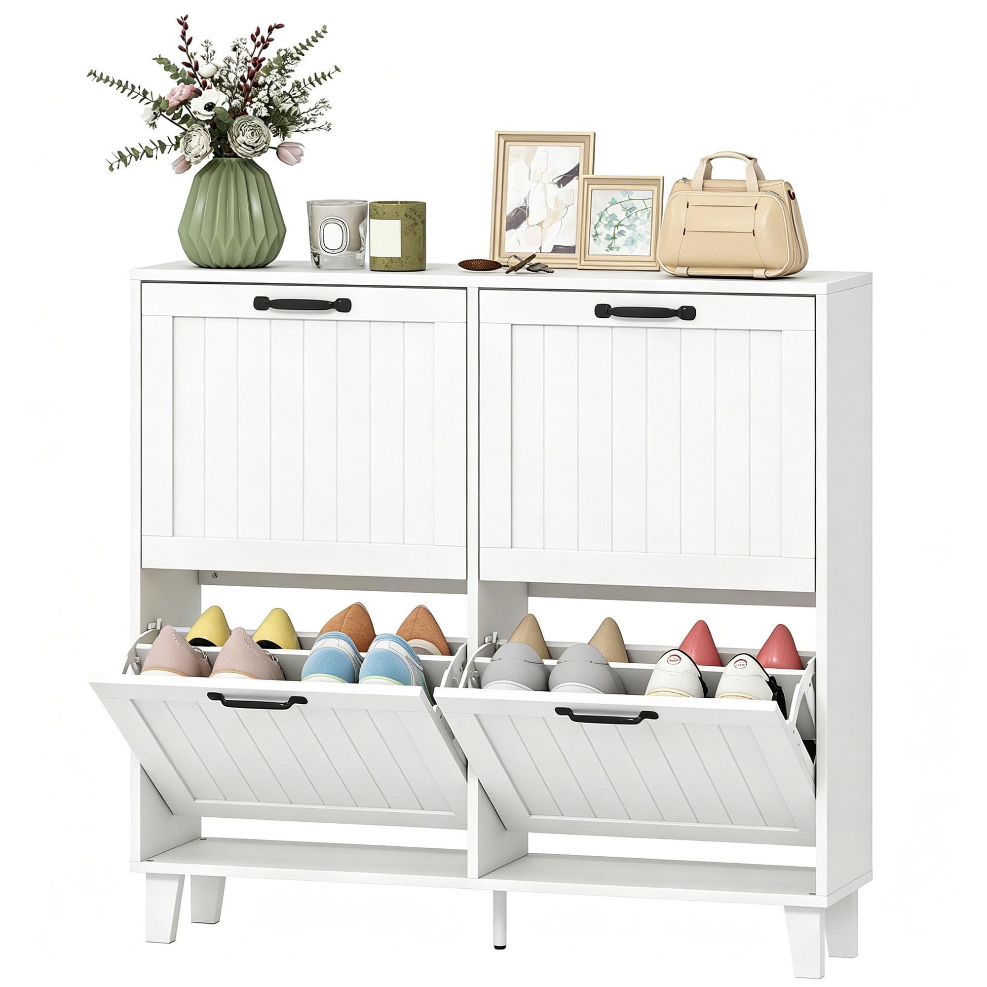 White 16-20 Pair Shoe Cabinet with Flip Drawers