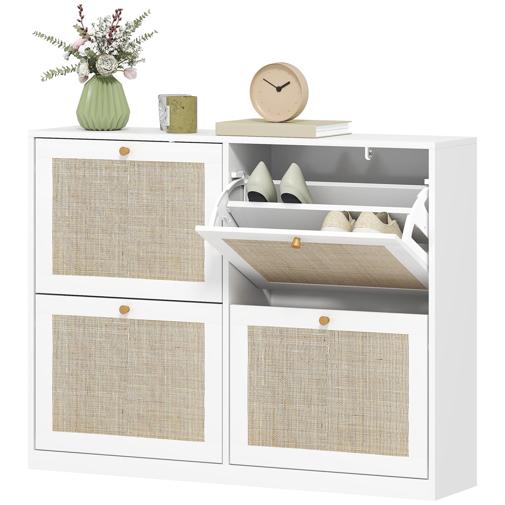 White 20 Pair Shoe Cabinet with Rattan Fronts