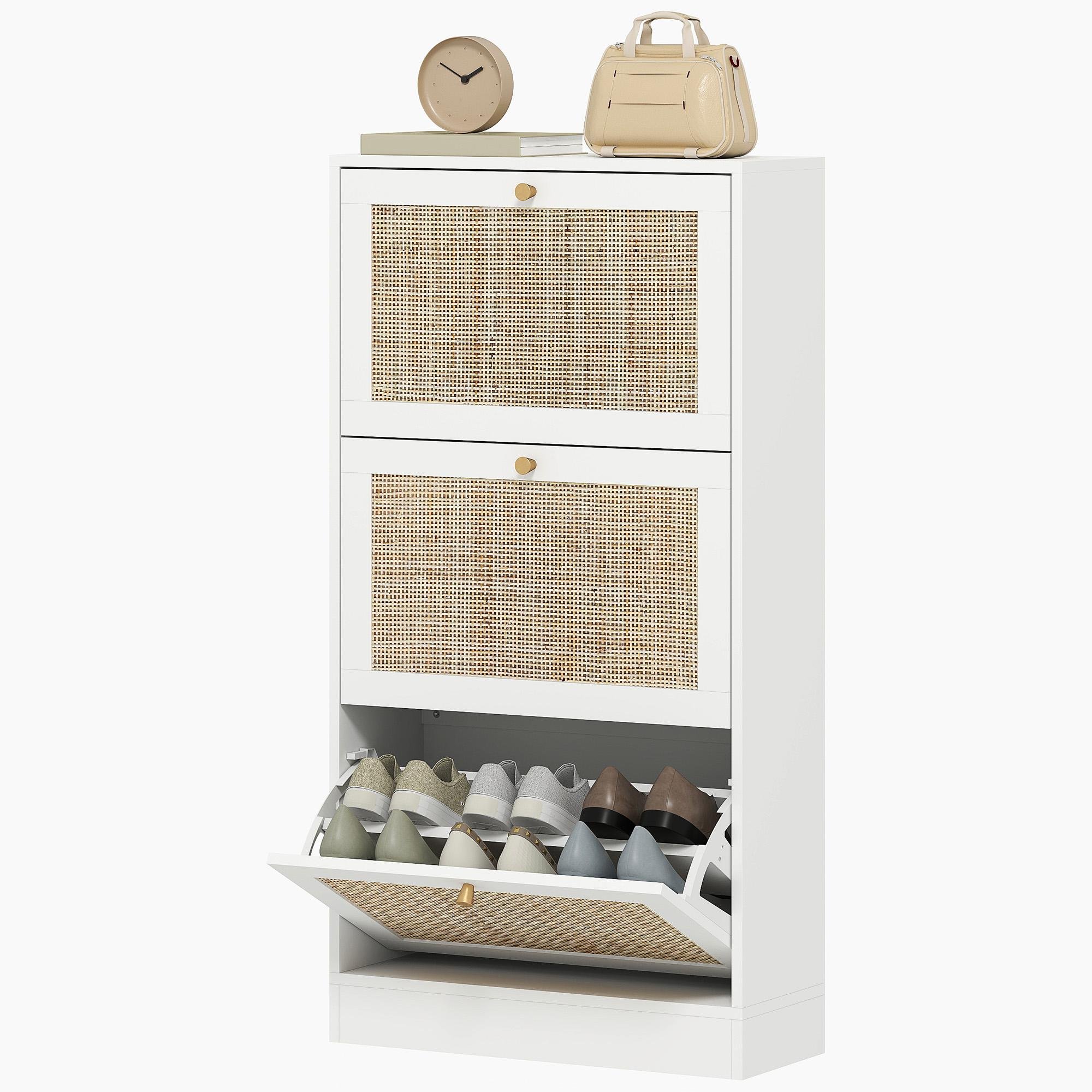 White Rattan Shoe Cabinet with 3 Flip Drawers