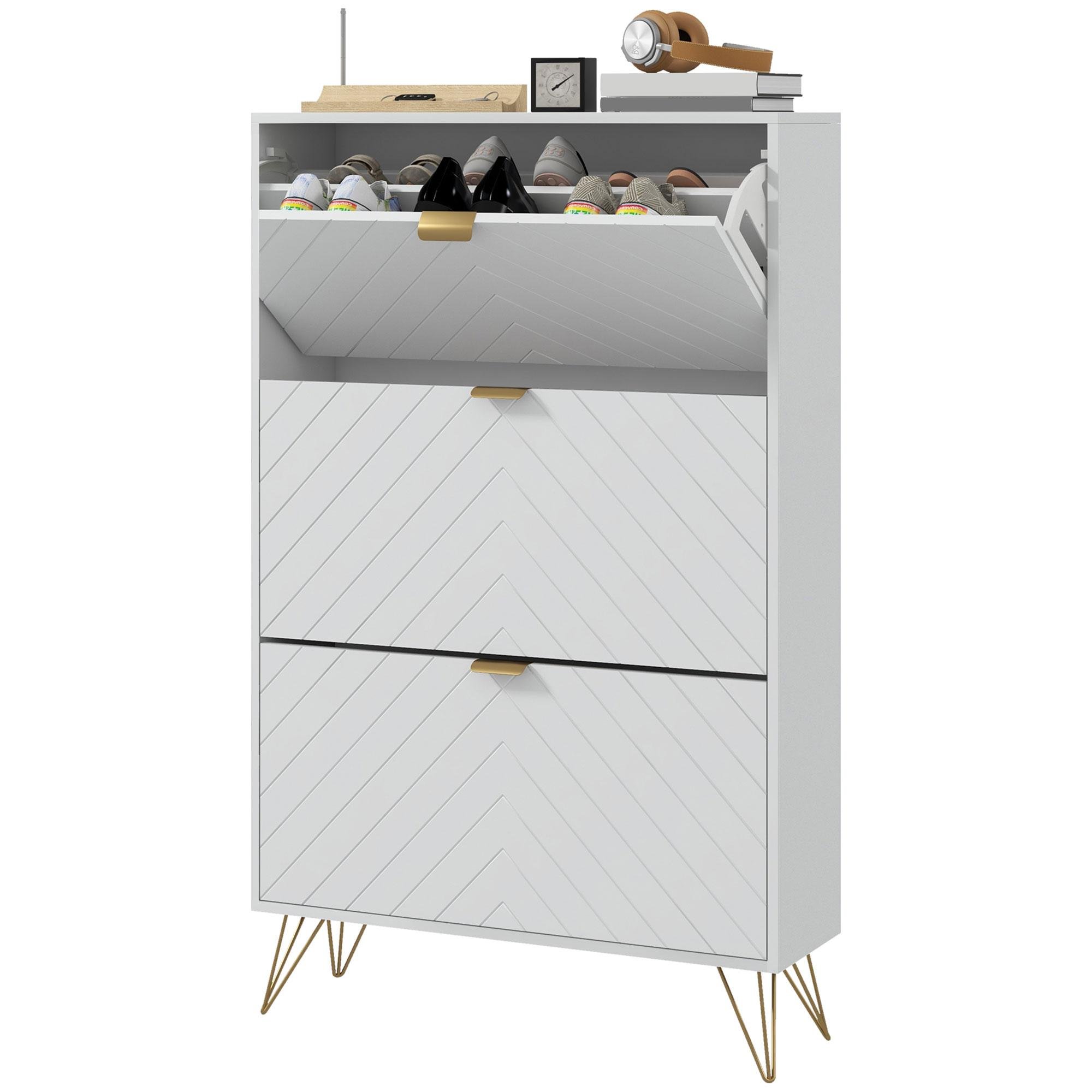 White 18 Pair Chevron Cabinet with 3 Flip Drawers