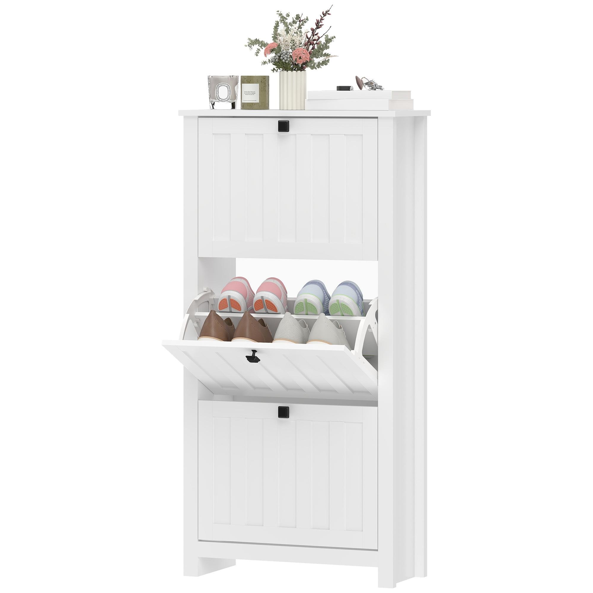 White Narrow 12 Pair Cabinet with 3 Flip Drawers