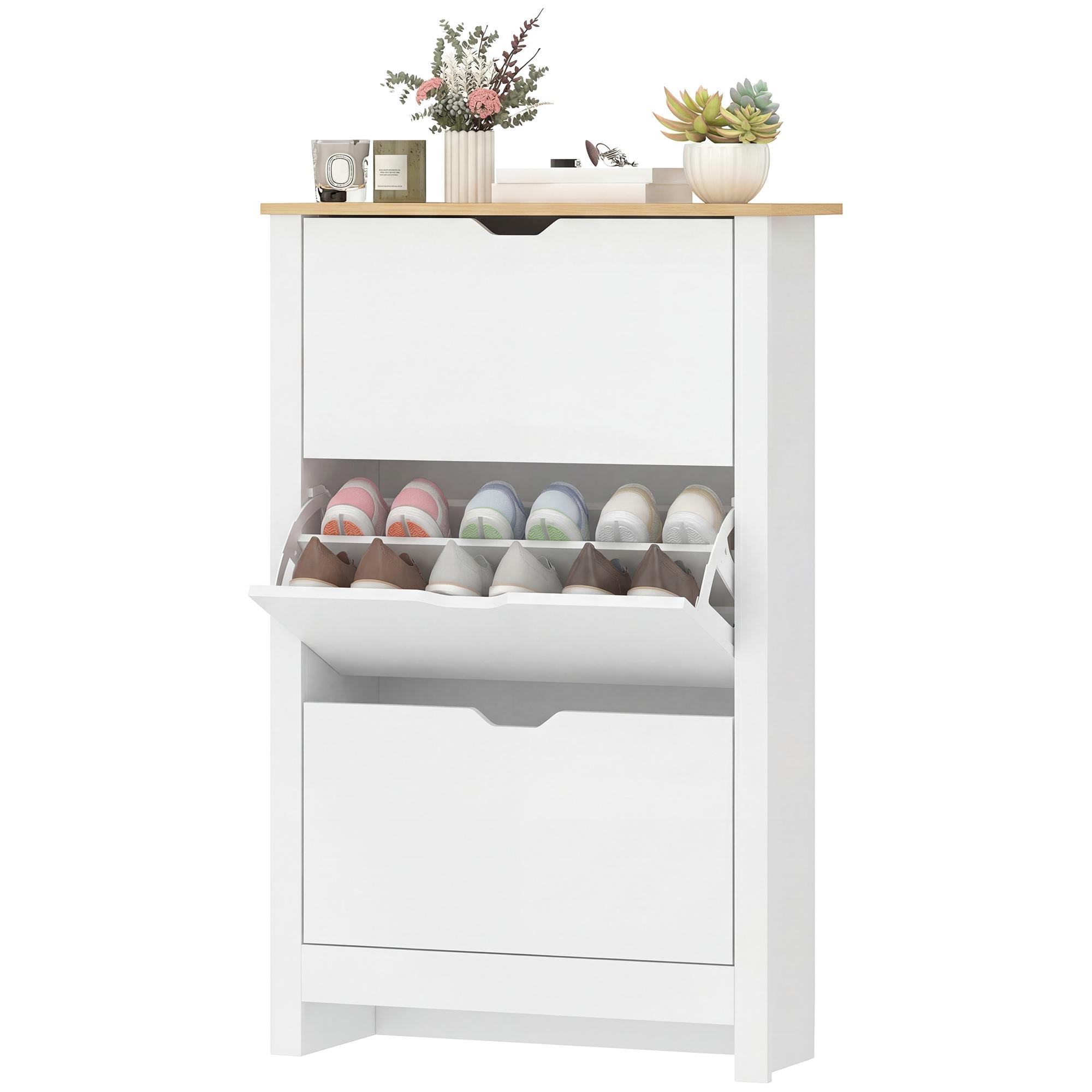 White melamine shoe cabinet with 3 flip drawers
