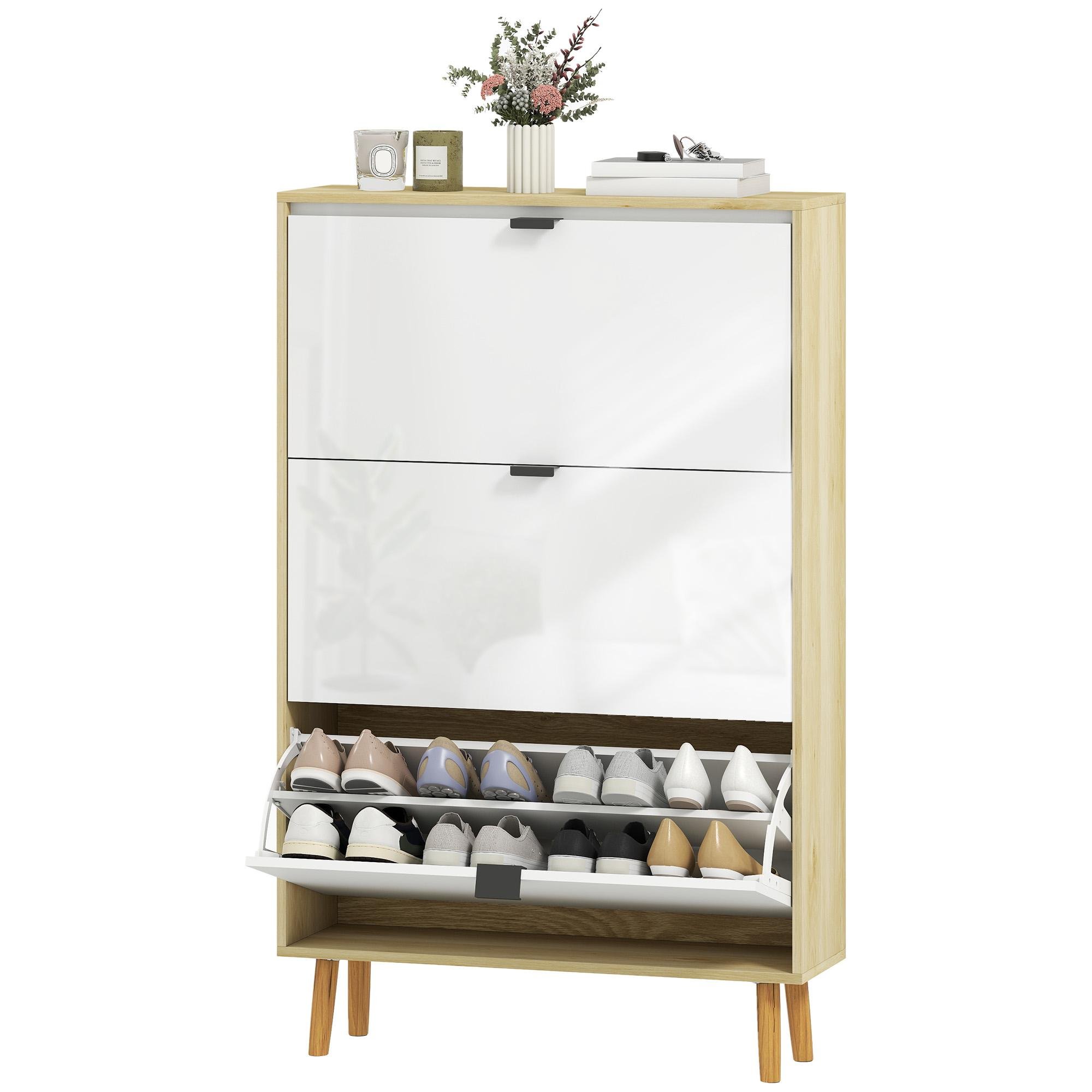 High Gloss Shoe Cabinet with 3 Flip Drawers, White