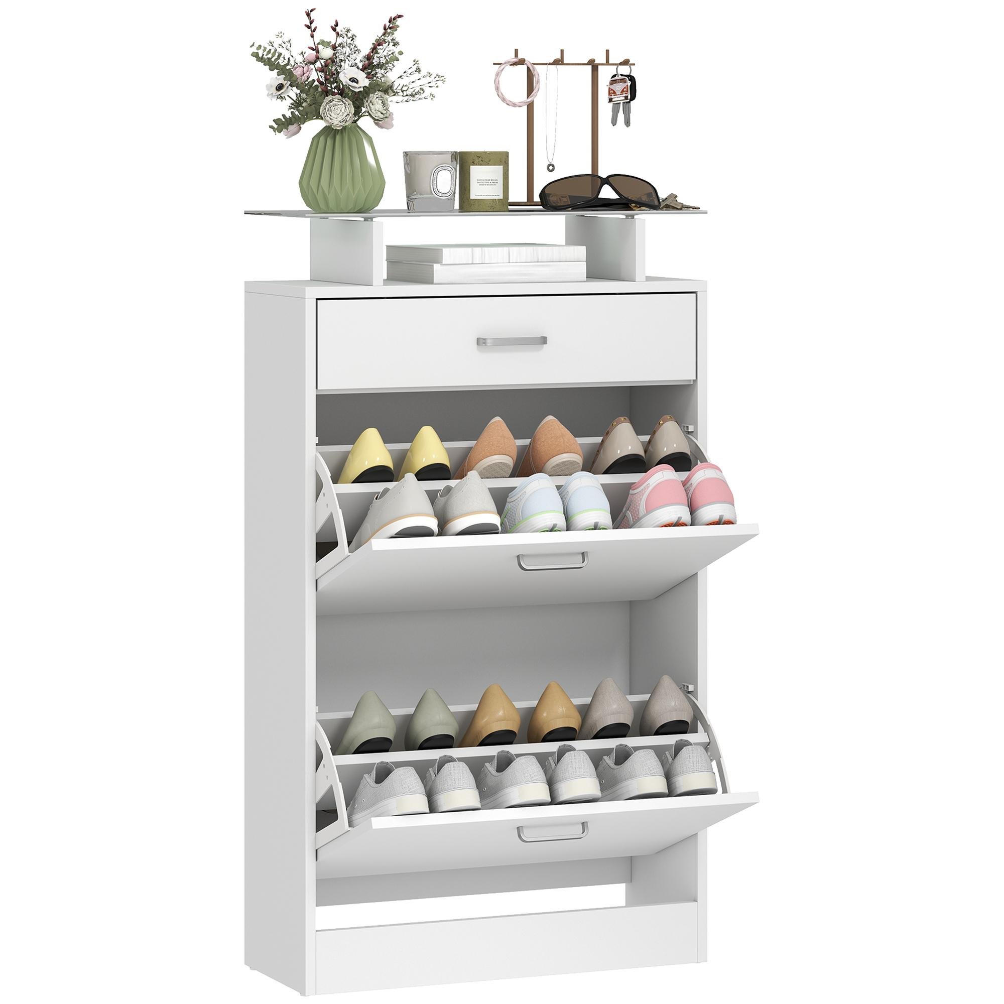 White Tempered Glass Shoe Cabinet, Slim Entryway Storage