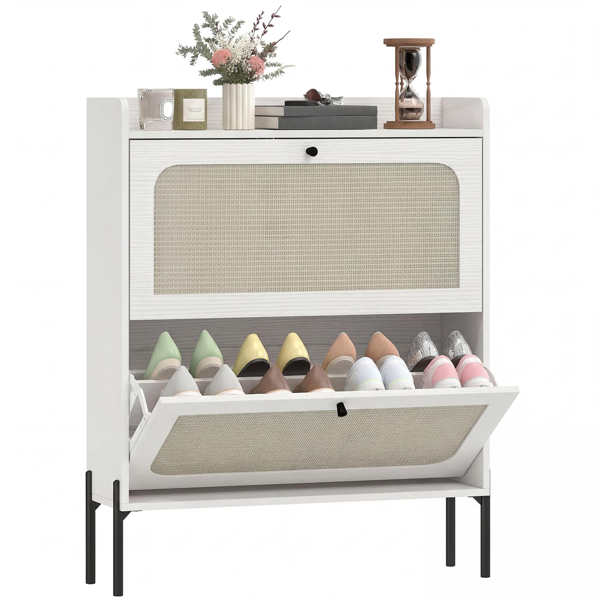 Rattan 12-16 Pair Shoe Cabinet, White, Narrow Entryway Storage