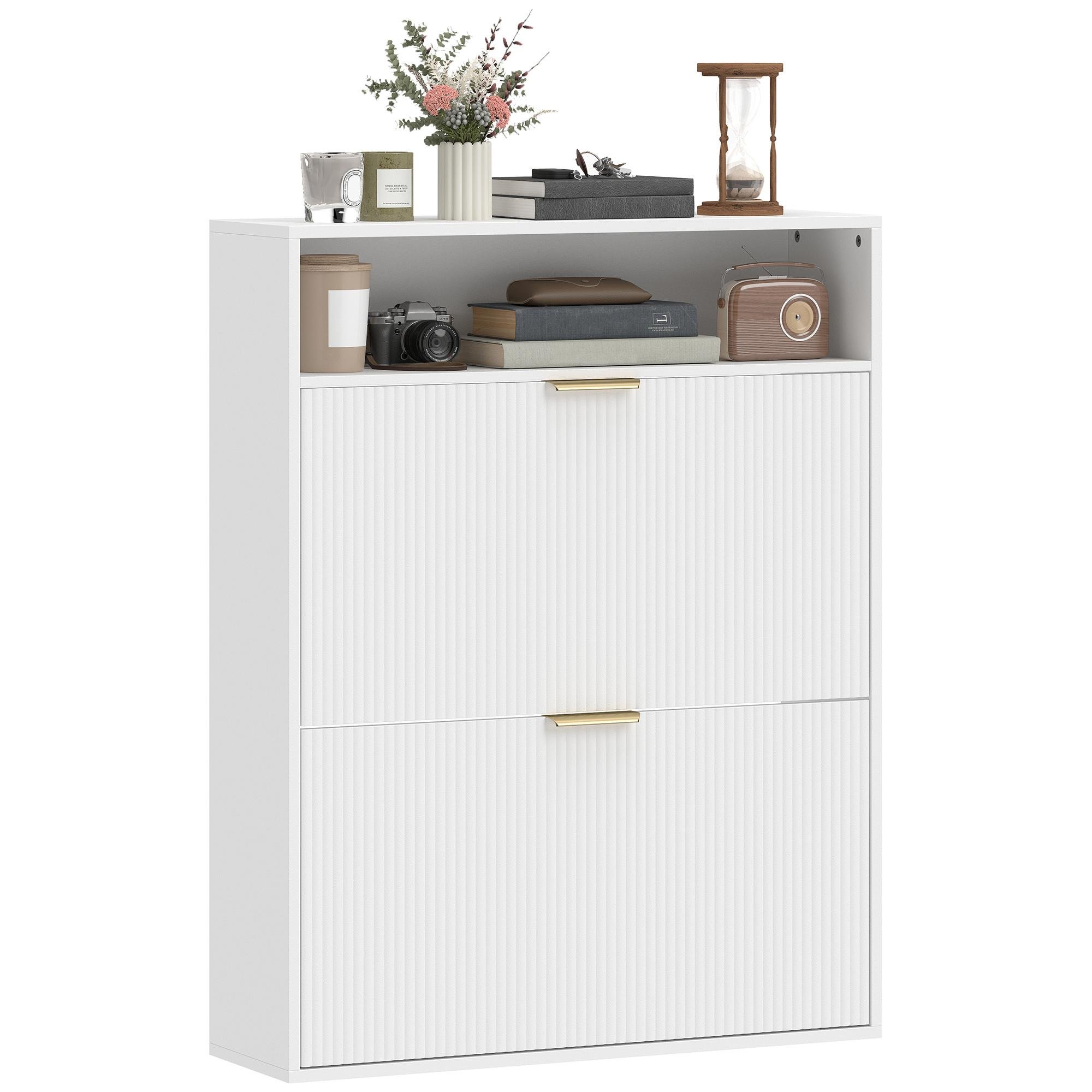 White 12-16 Pair Shoe Cabinet with Two Flip Drawers