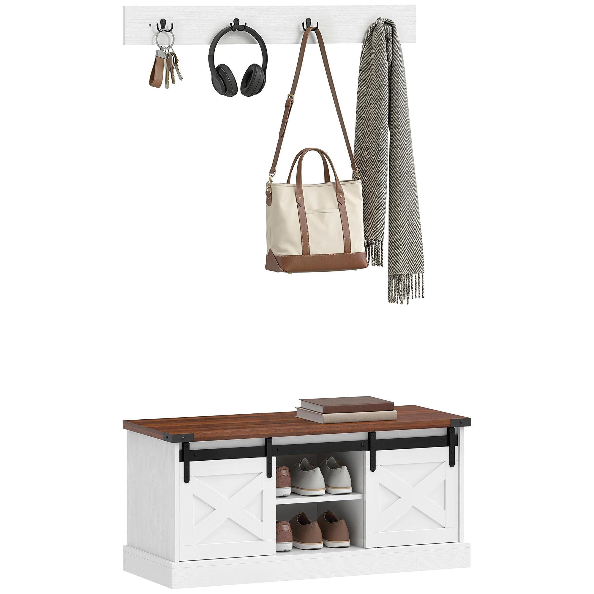 White 9 Pair Shoe Bench with Coat Rack and Barn Doors