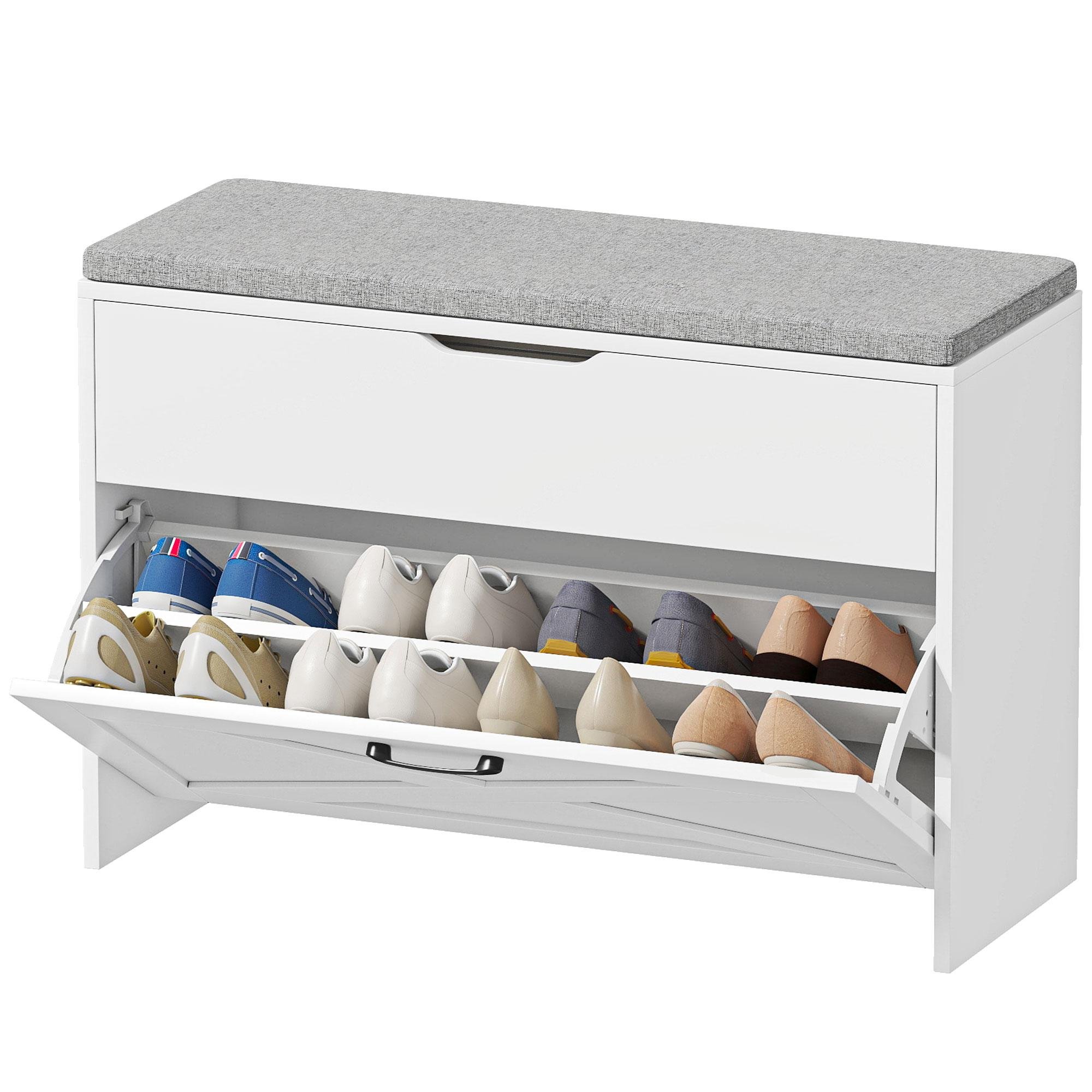 White Lift-Top Shoe Bench with Cushioned Seat, 31.5 in