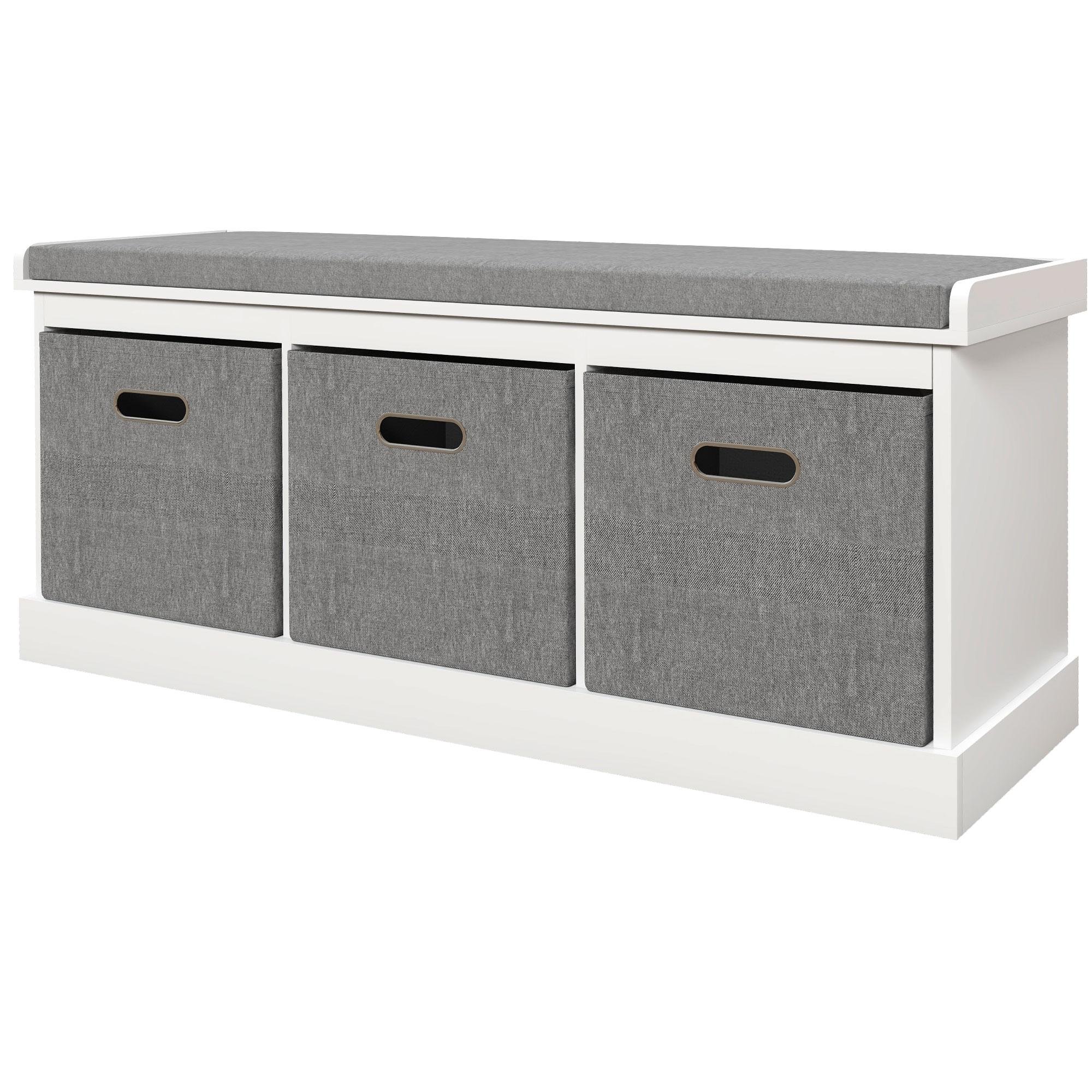 White Fabric Drawer Shoe Bench with Washable Cushion
