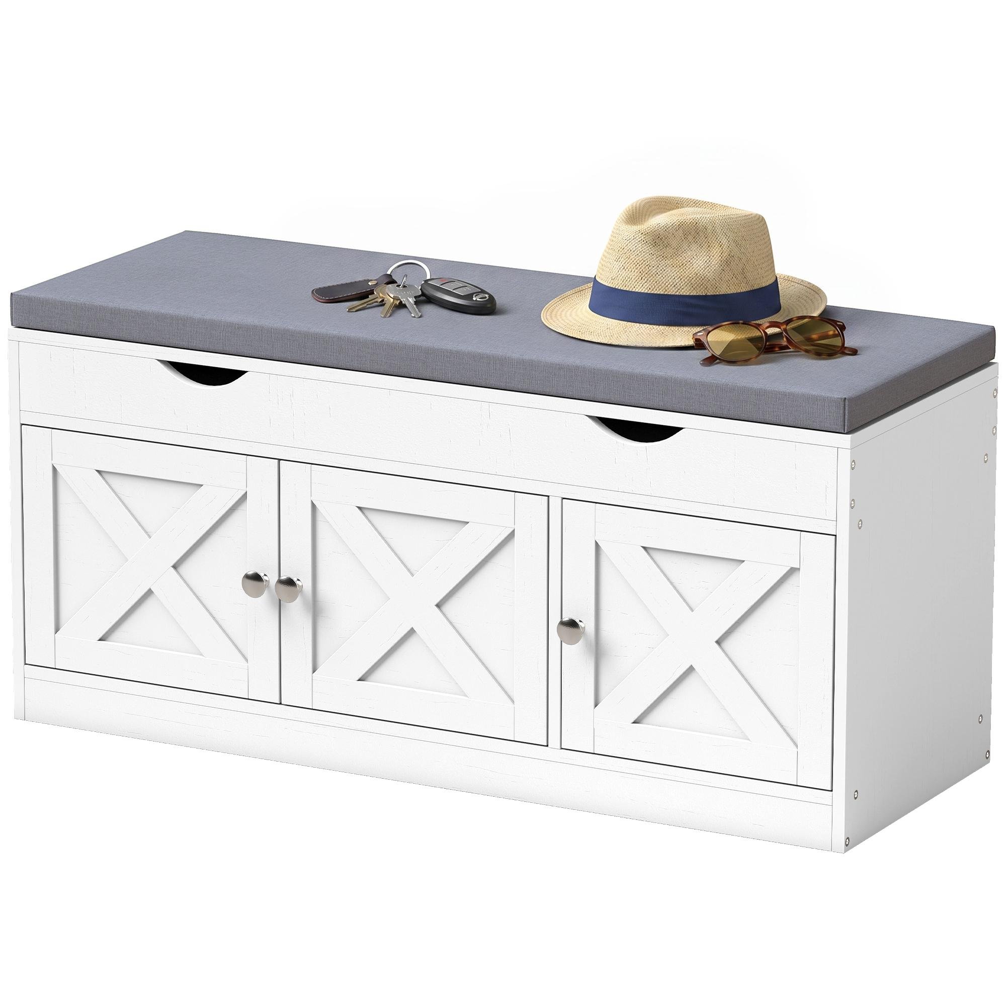 White Cushioned Shoe Storage Bench with Adjustable Shelves