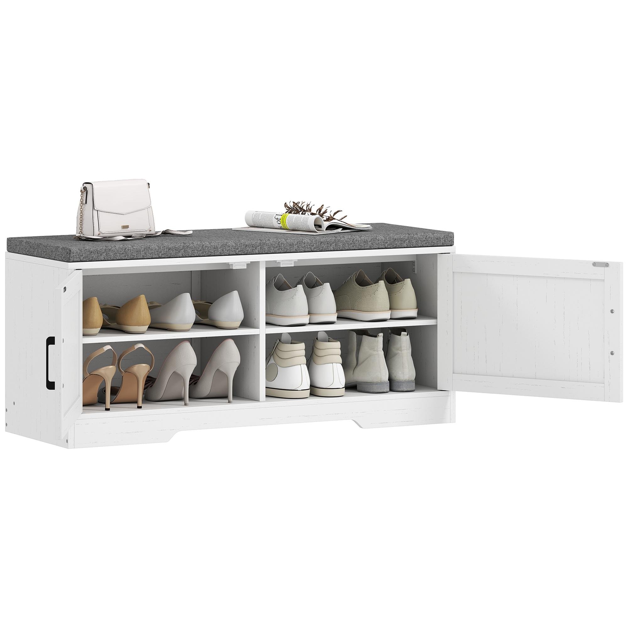 White Adjustable Shoe Storage Bench with Cushion