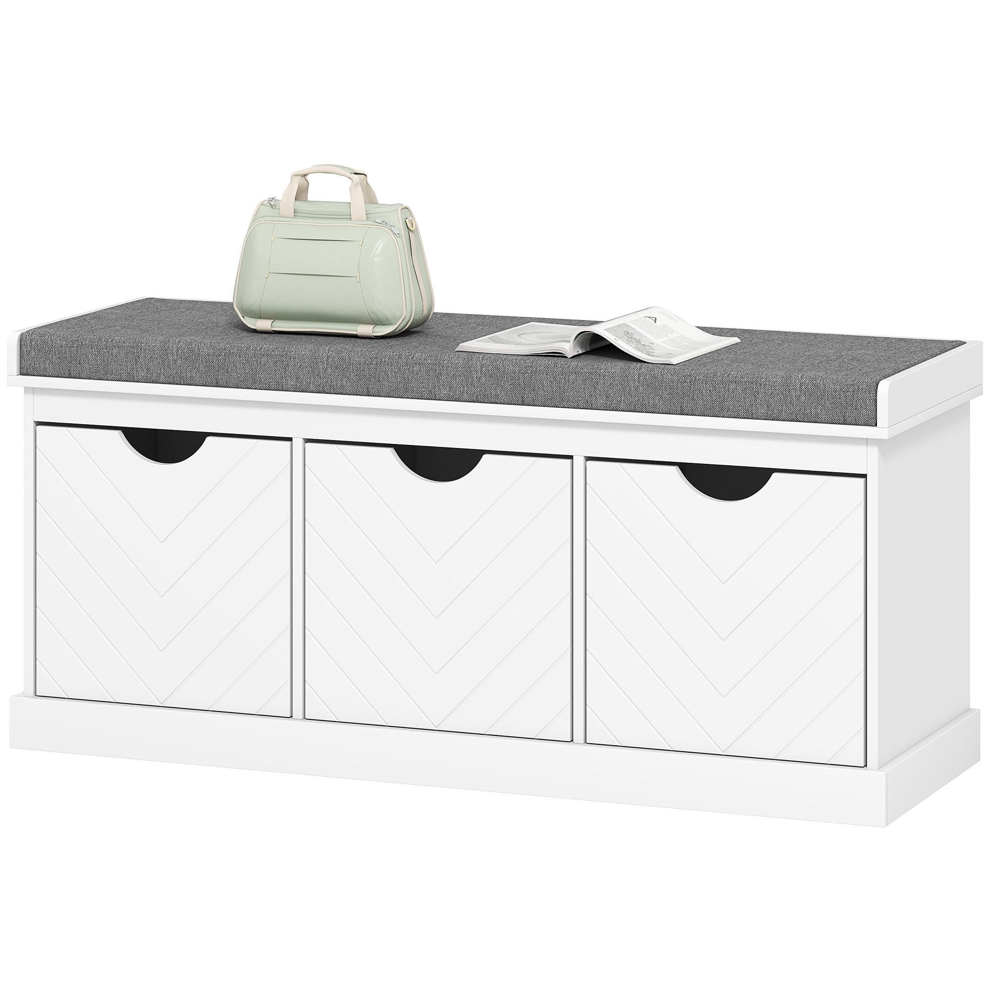 White Chevron Drawer Shoe Bench with Padded Seat, 3 Drawers