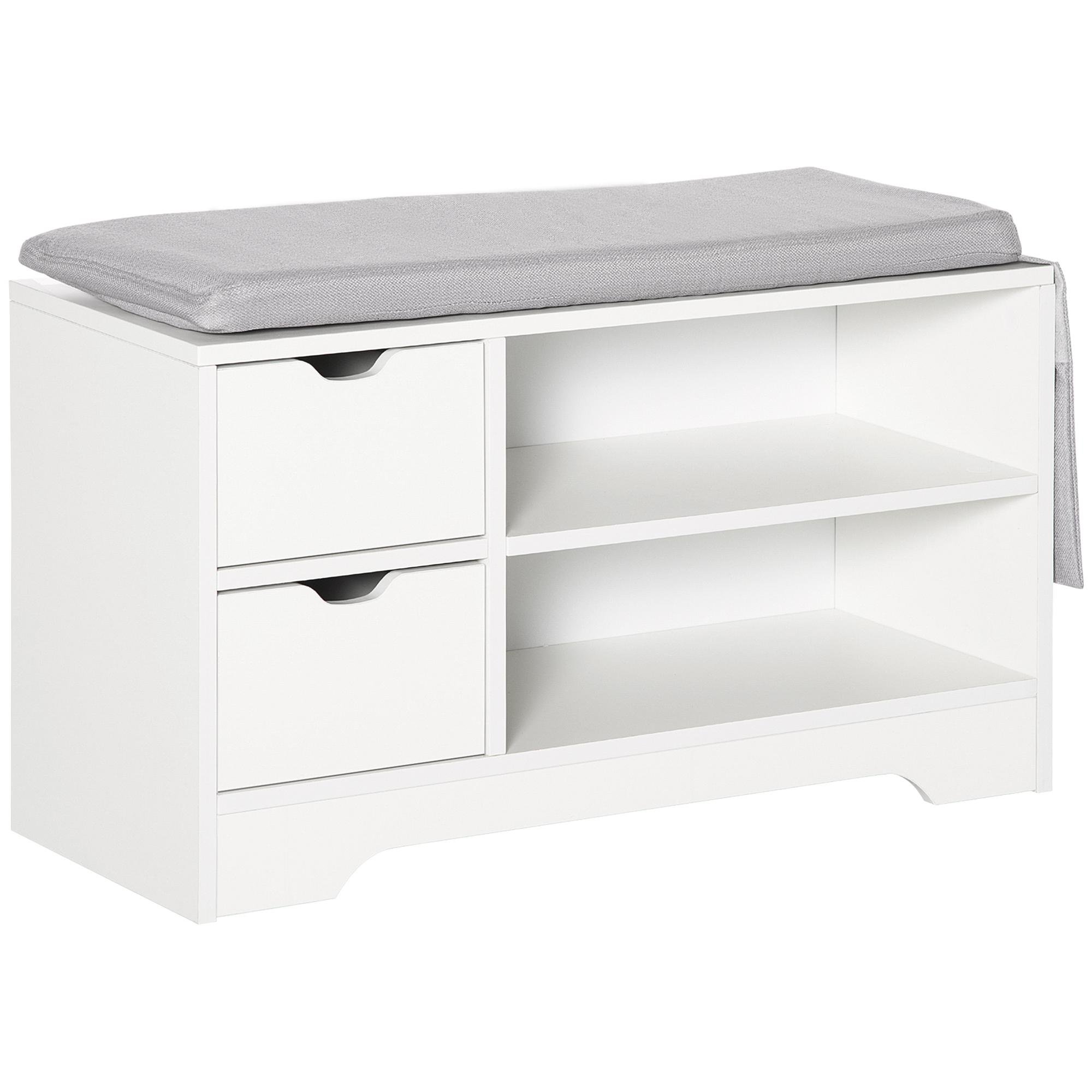 White Drawer Shoe Bench with Padded Seat and Side Pocket