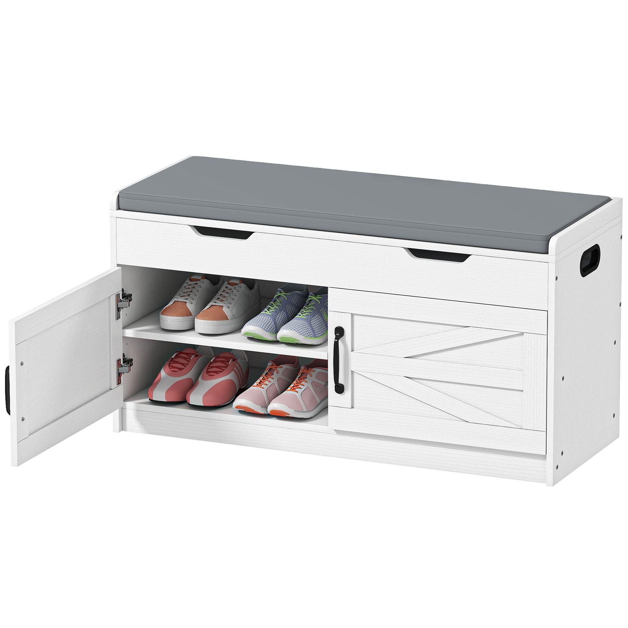 White 10 Pair Shoe Bench with Flip-Top Storage