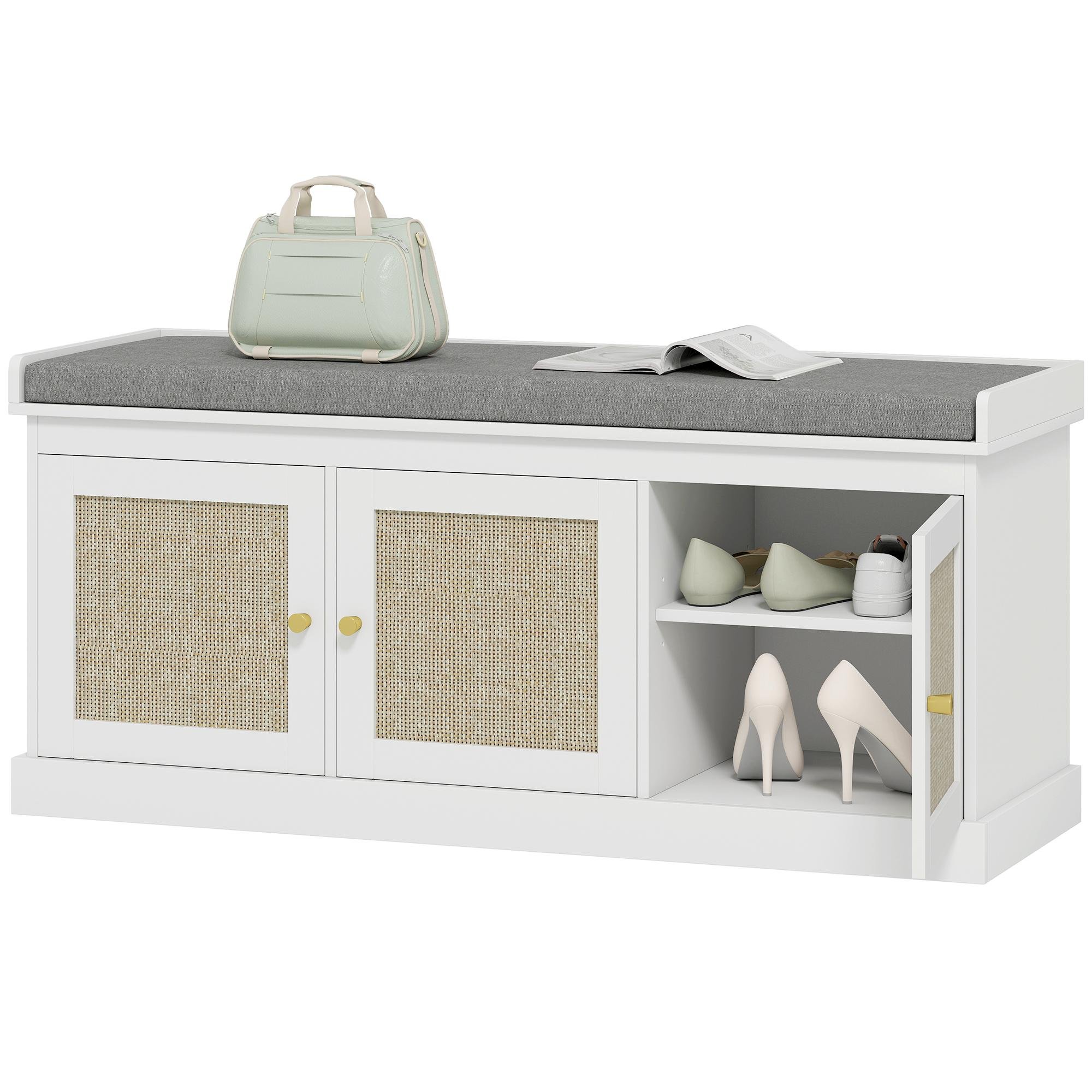 White Rattan 9 Pair Bench with Cushion for Entryways
