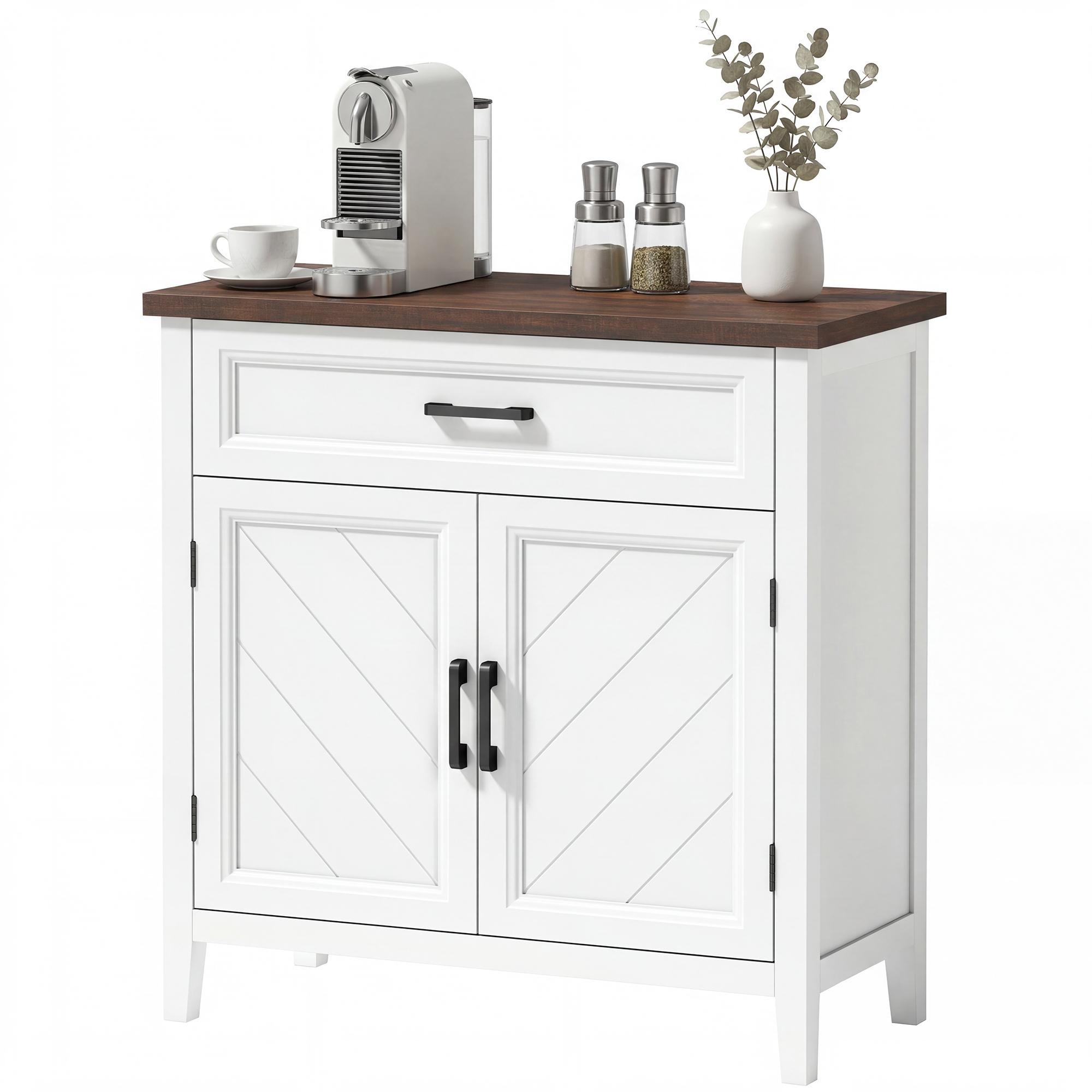 White Brown Top Sideboard with Adjustable Shelf