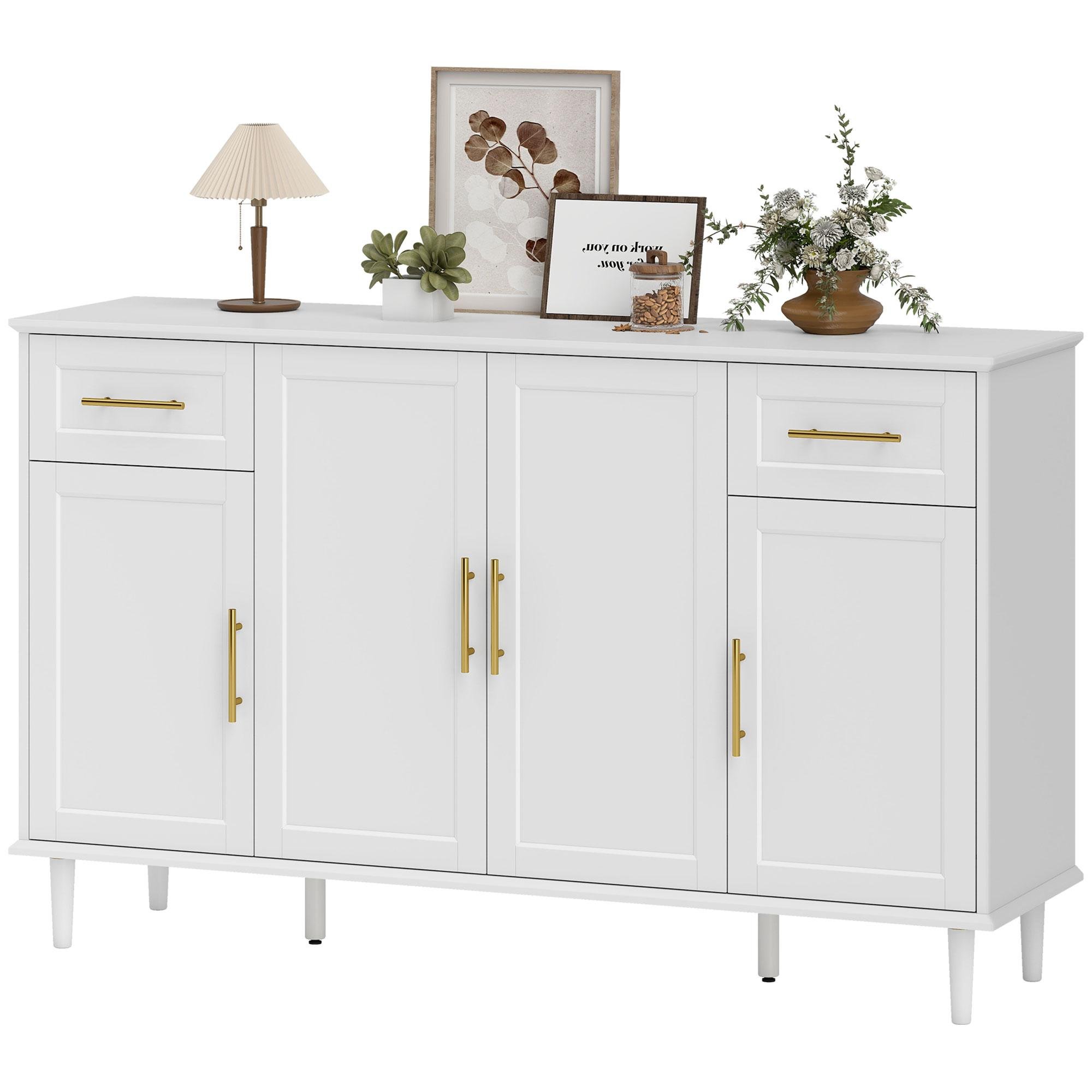 White Gold Handle Bar Cabinet, 55.1-Inch Storage Sideboard