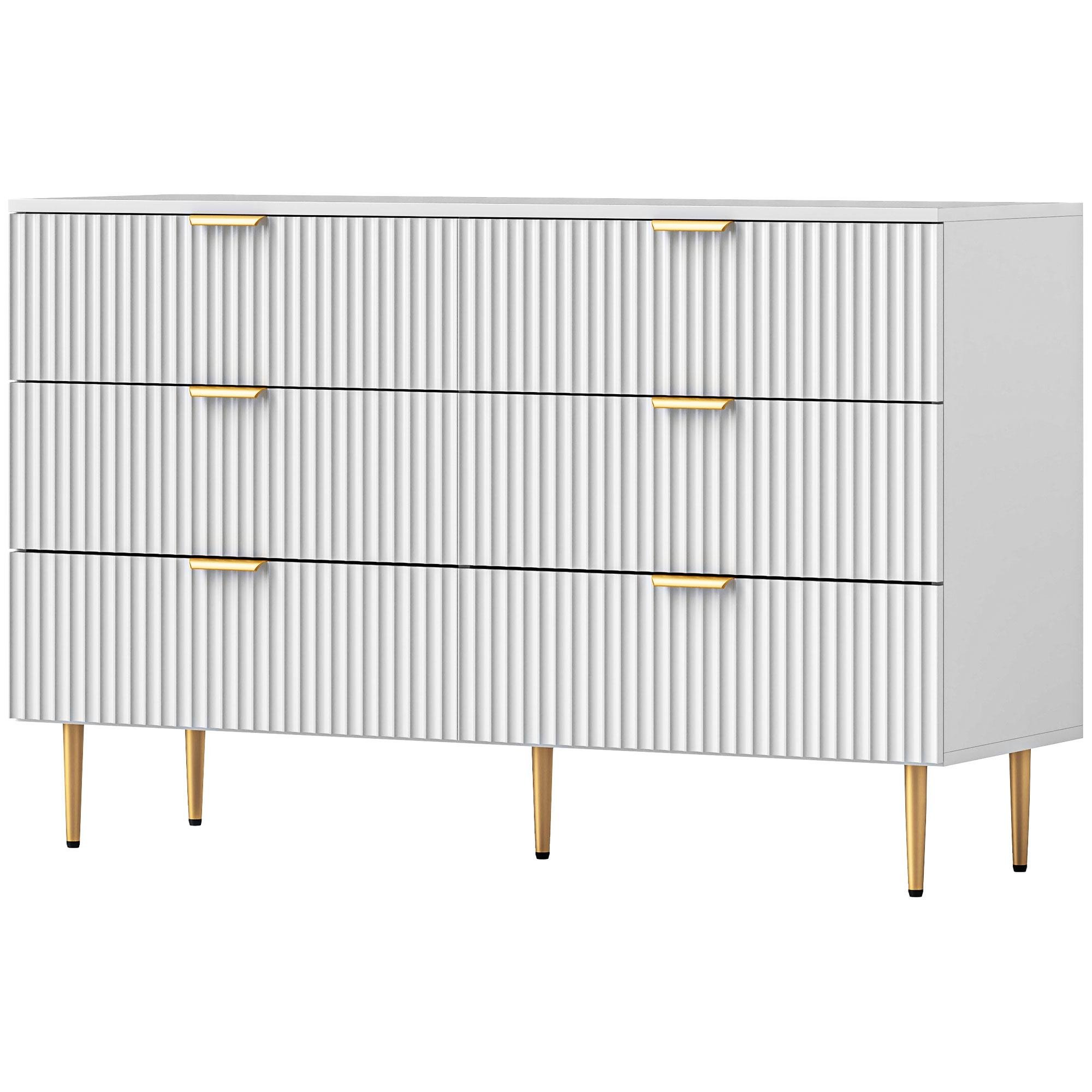 White Fluted Six Drawer Dresser with Gold Legs
