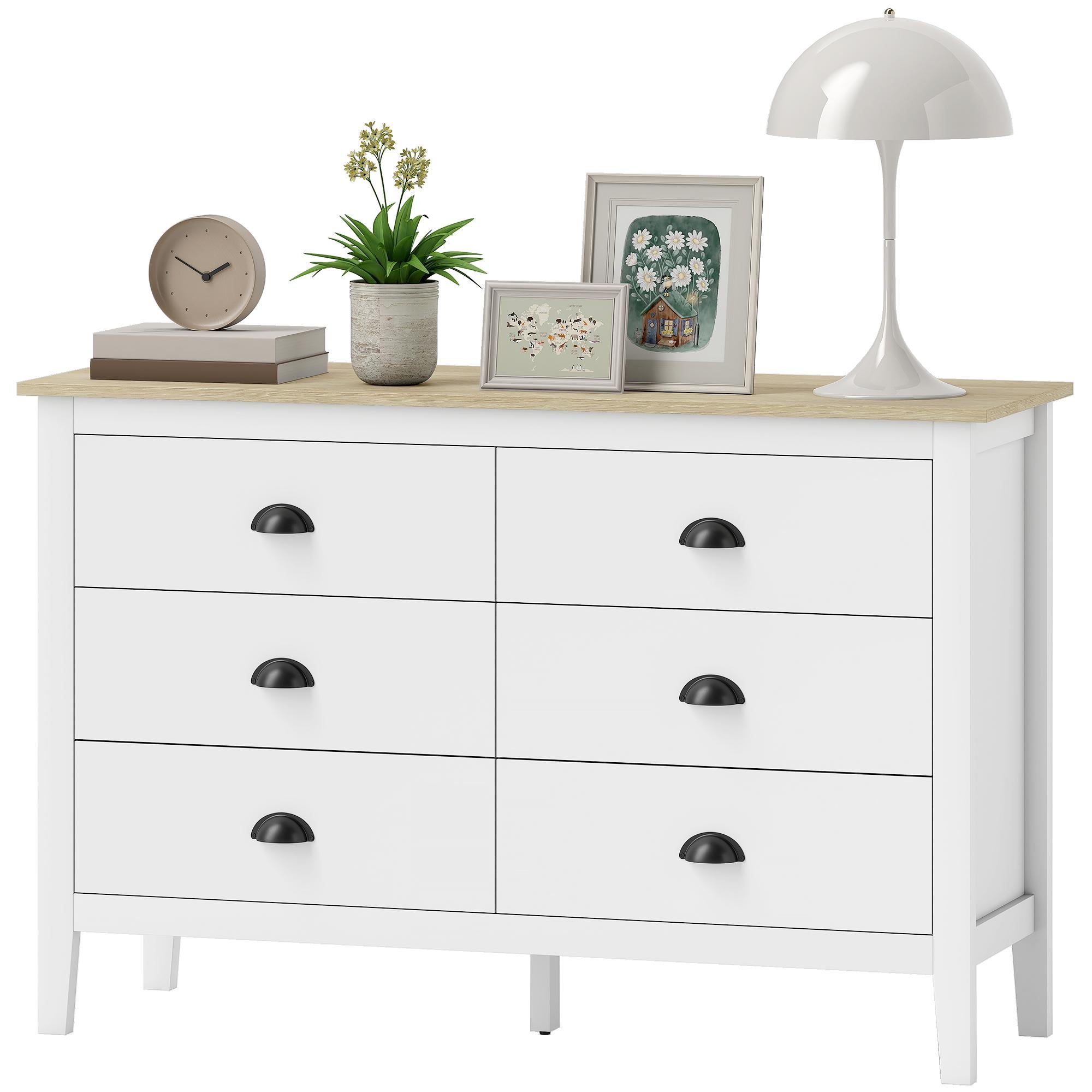 White Six Drawer Dresser with Quiet Slides, 47.2-Inch Storage