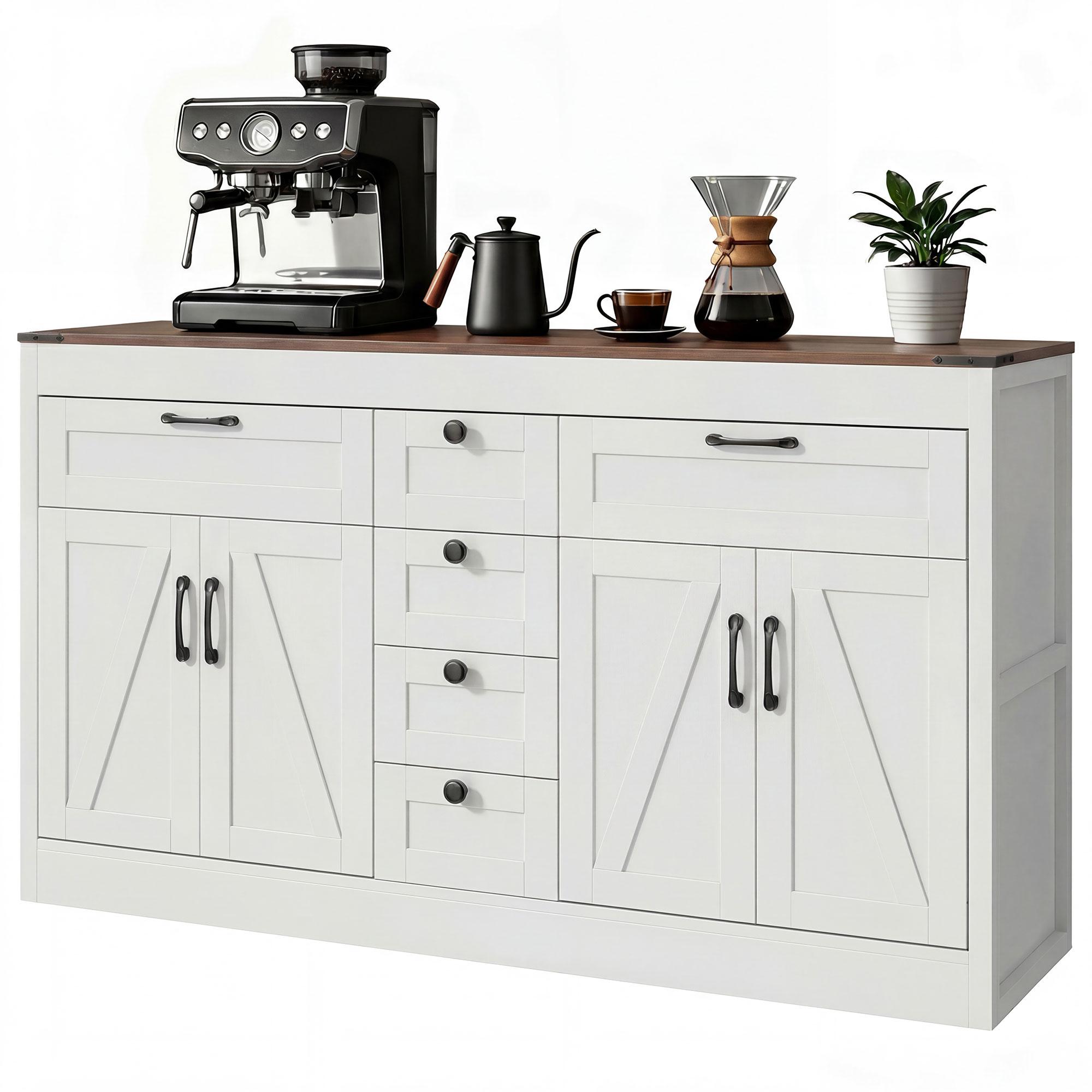 White Six Drawer Sideboard with Adjustable Shelves