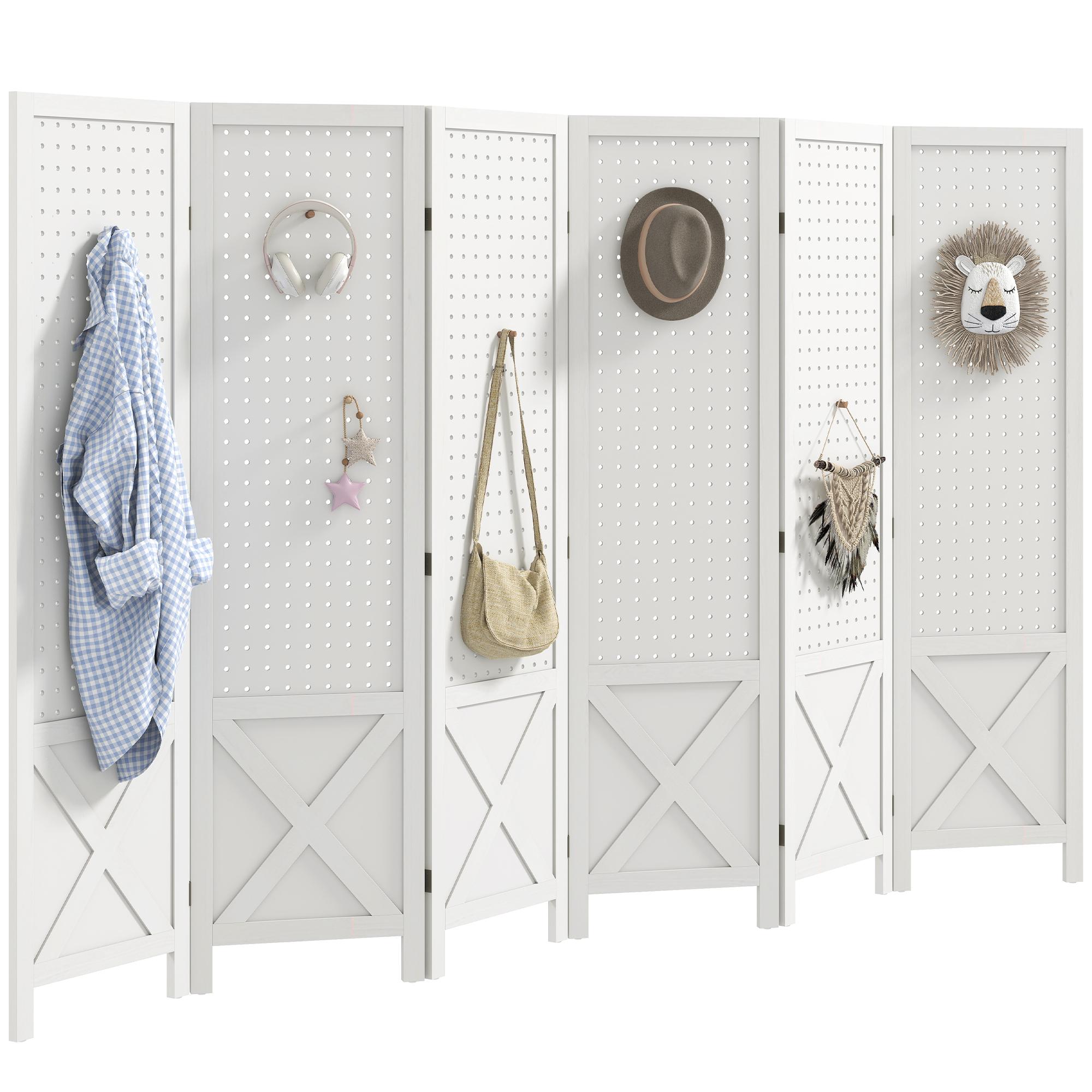 White Six Panel Wood Divider with Pegboard Display