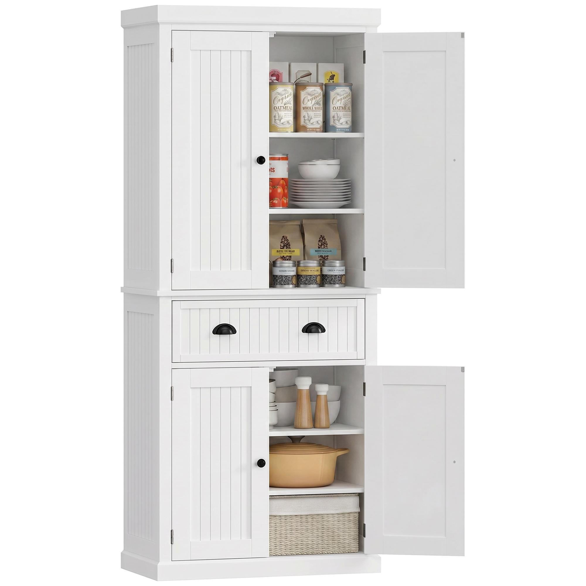 White six tier kitchen pantry with drawer, 72-inch
