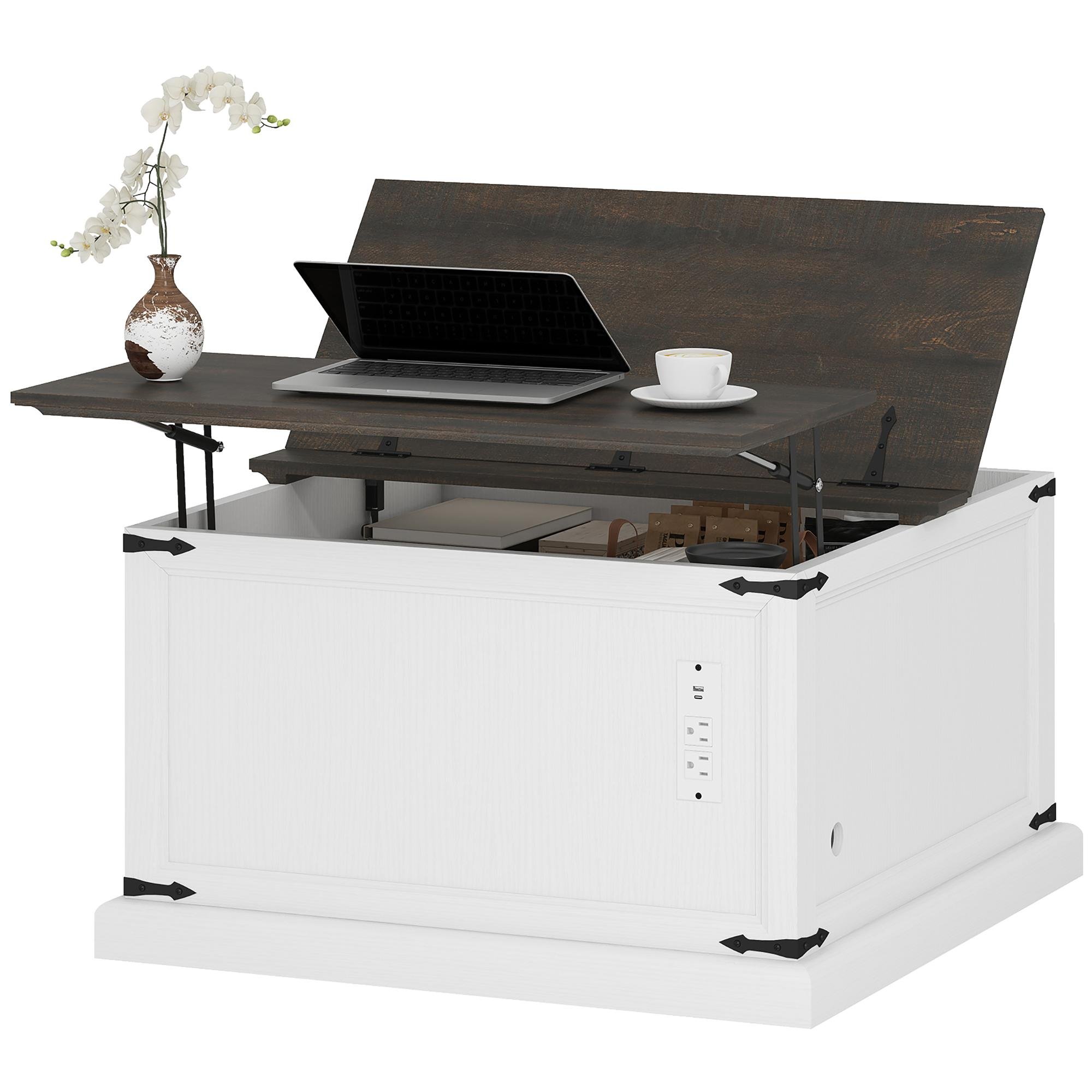 White Wood Grain Coffee Table with Lift Top and Storage