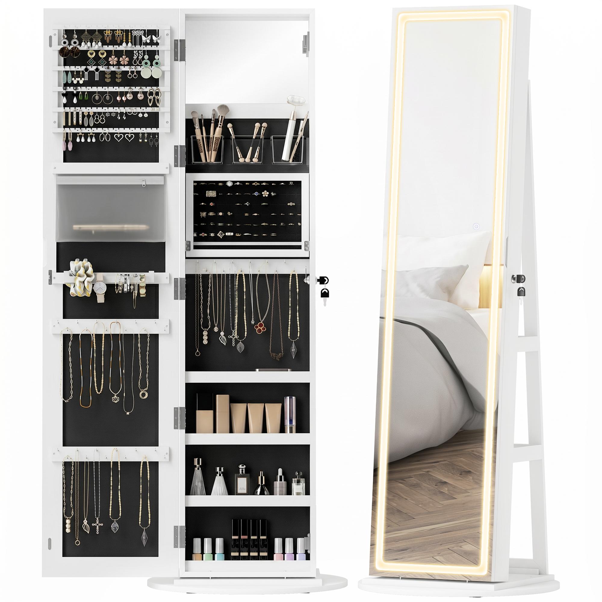 White Standing Jewellery Armoire with LED Mirror, 62.4-Inch