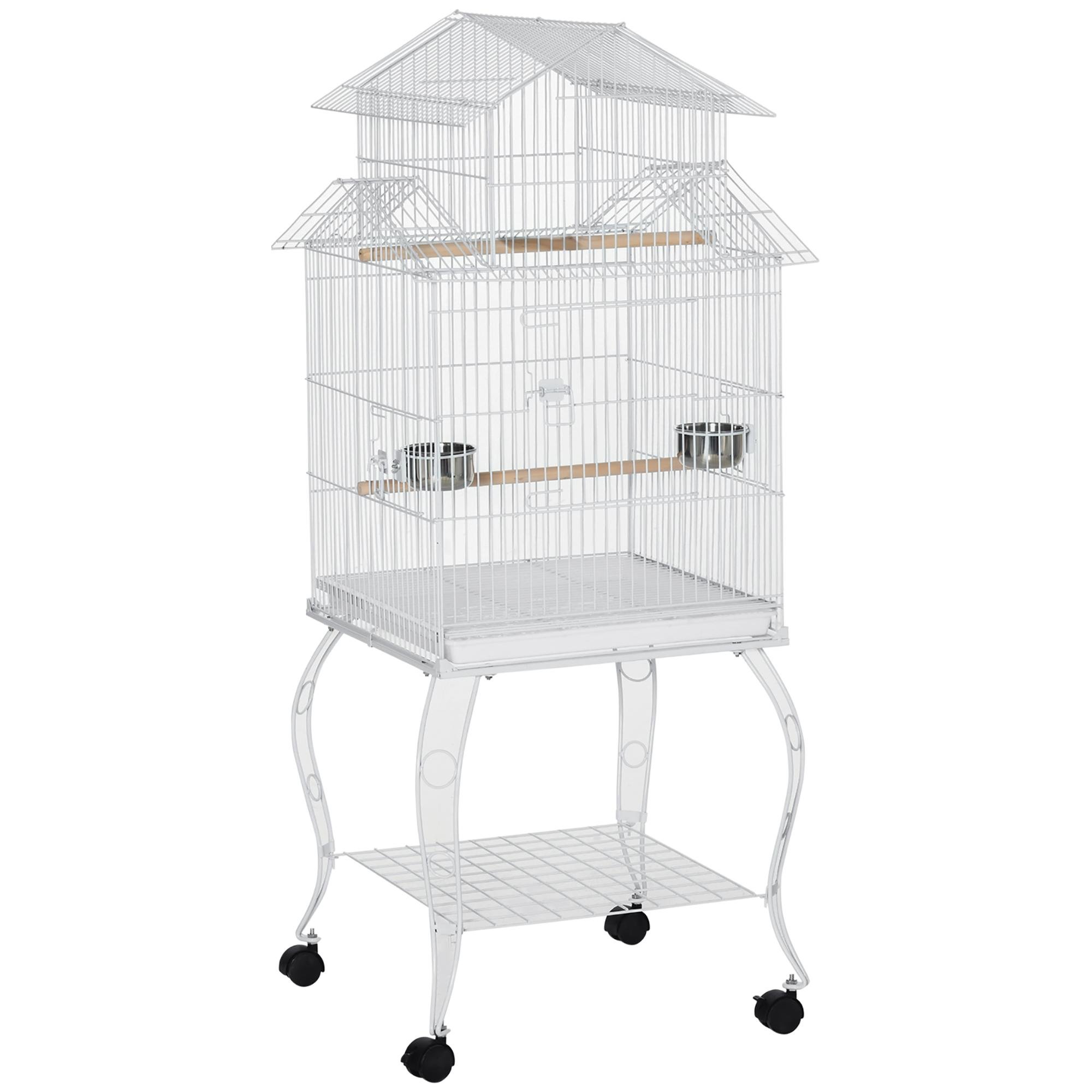 White Rolling Steel Bird Cage with Detachable Stand