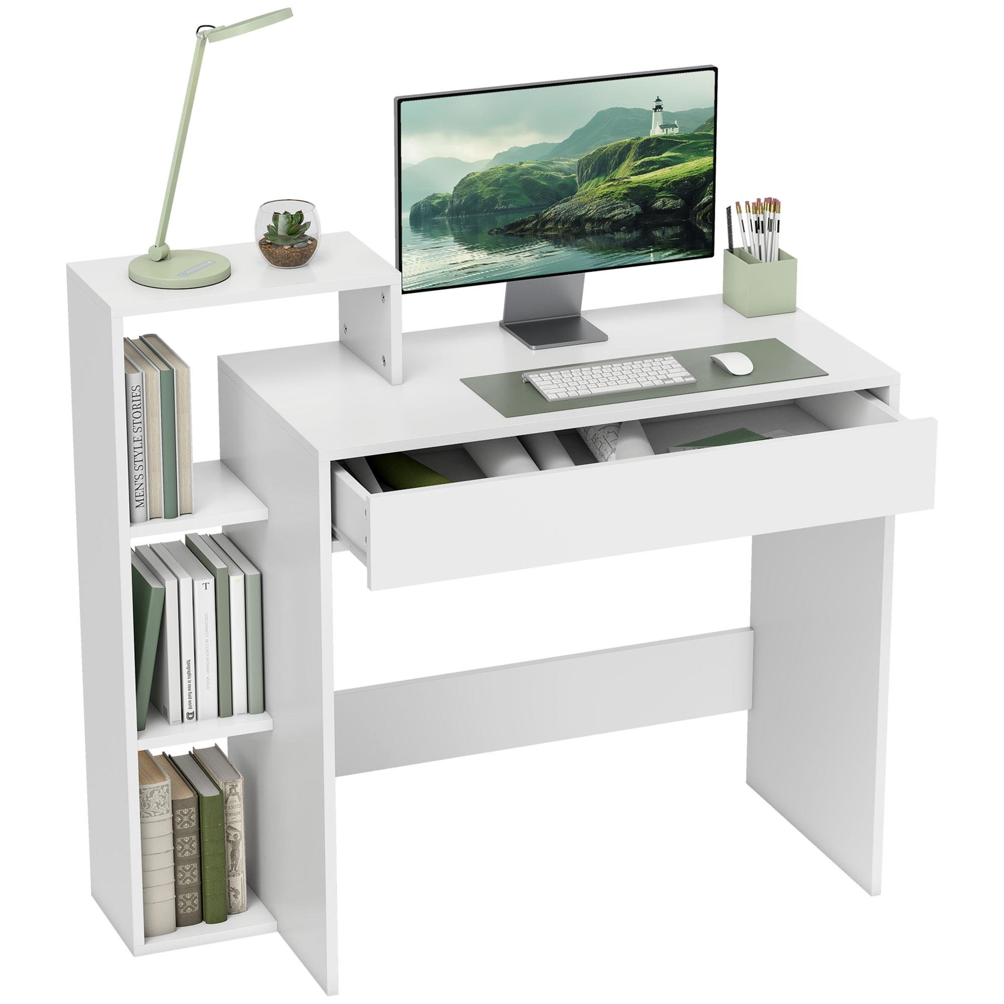White 39.4 Inch Storage Desk with 3 Shelves and Drawer
