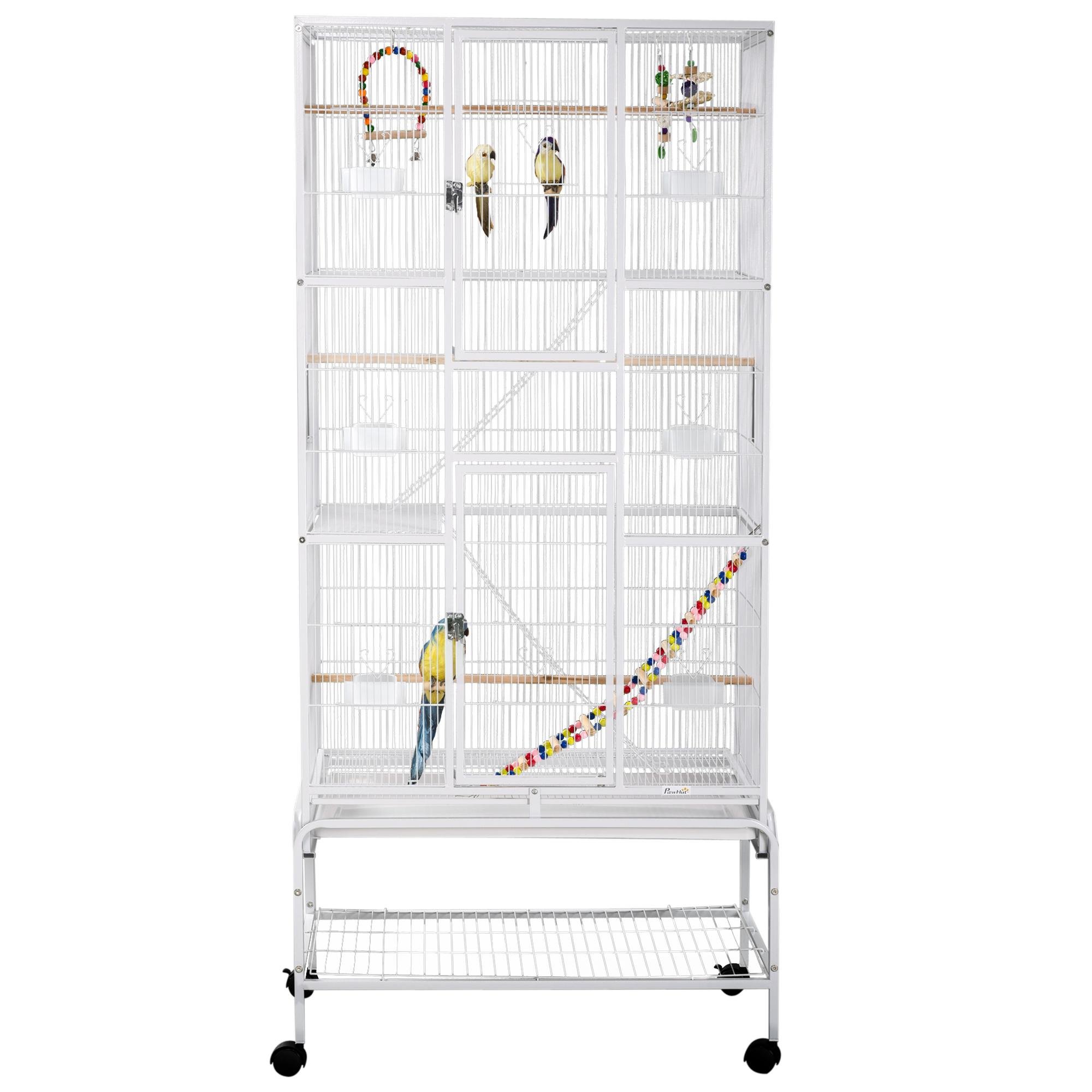 White 71 Inch Bird Cage with Wheels and Storage Shelf
