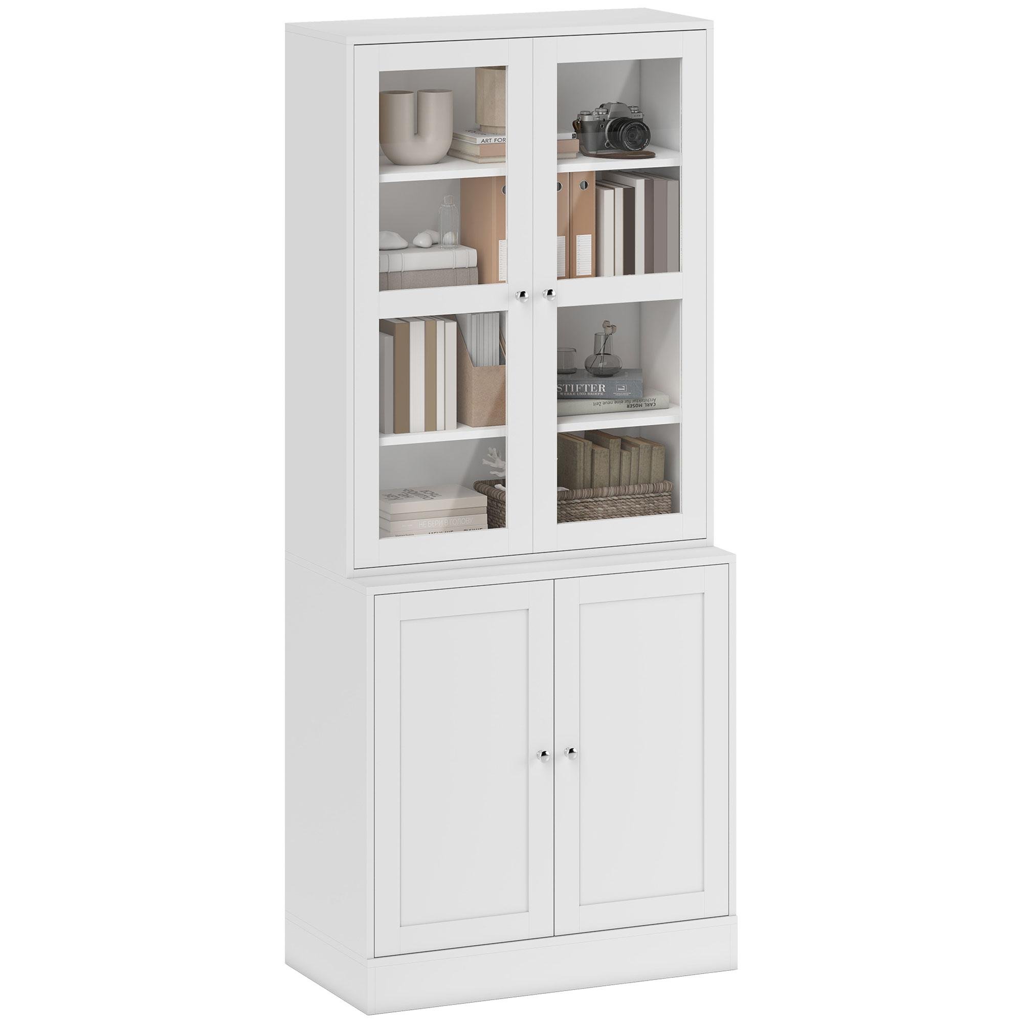White Glass Door Bookcase with Adjustable Shelves, Tall Storage Cabinet