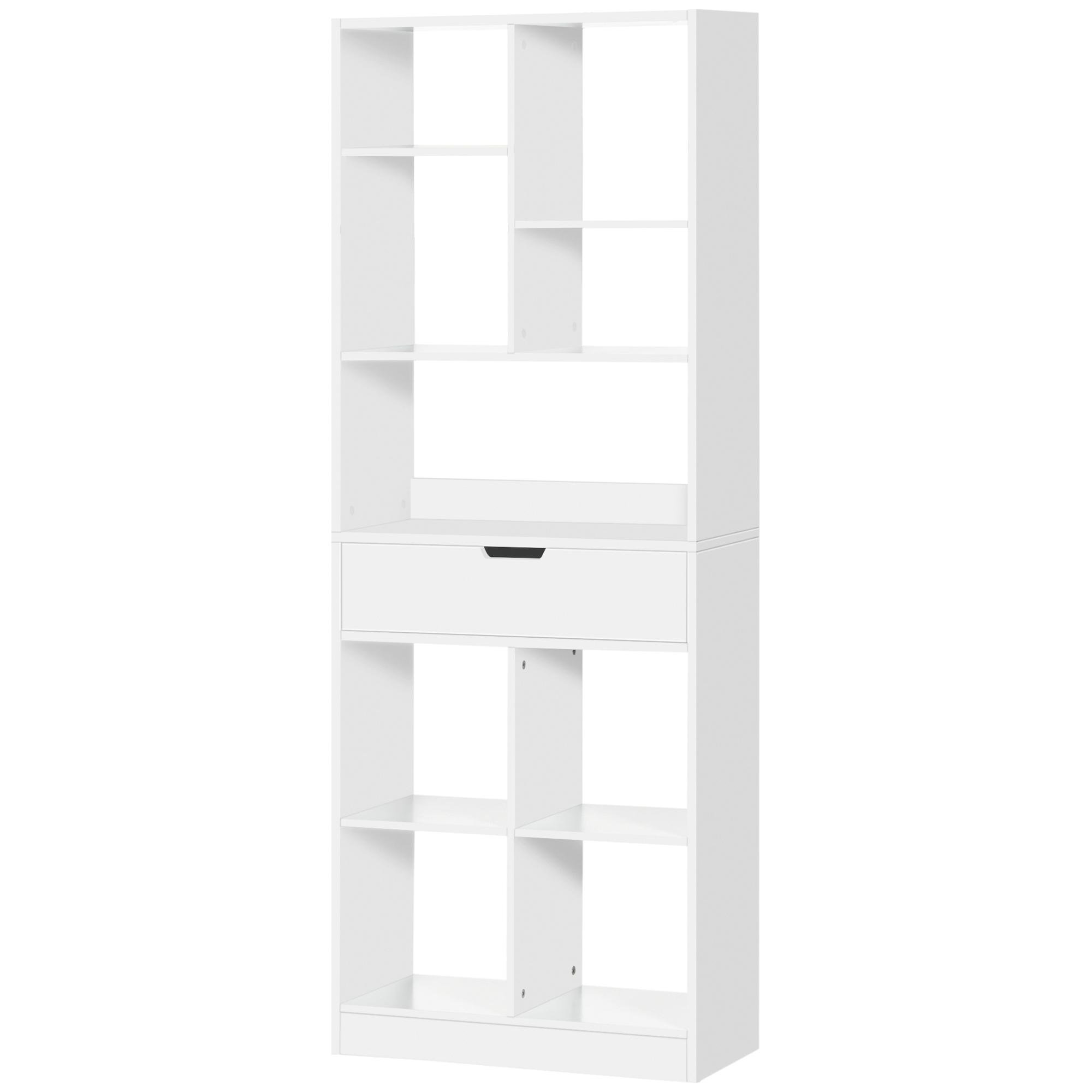White Bookshelf with Drawer and Nine Open Compartments