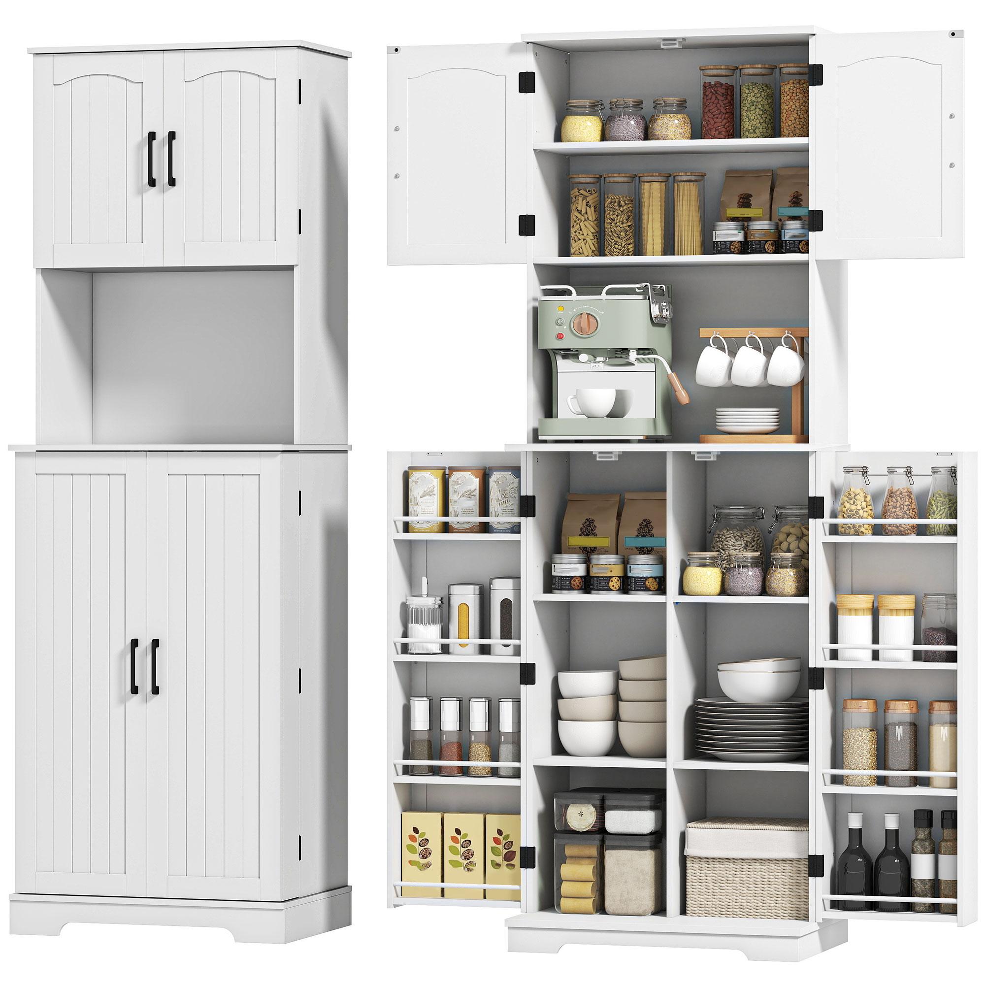 White 71.5 Inch Farmhouse Pantry Cabinet with 8 Door Racks
