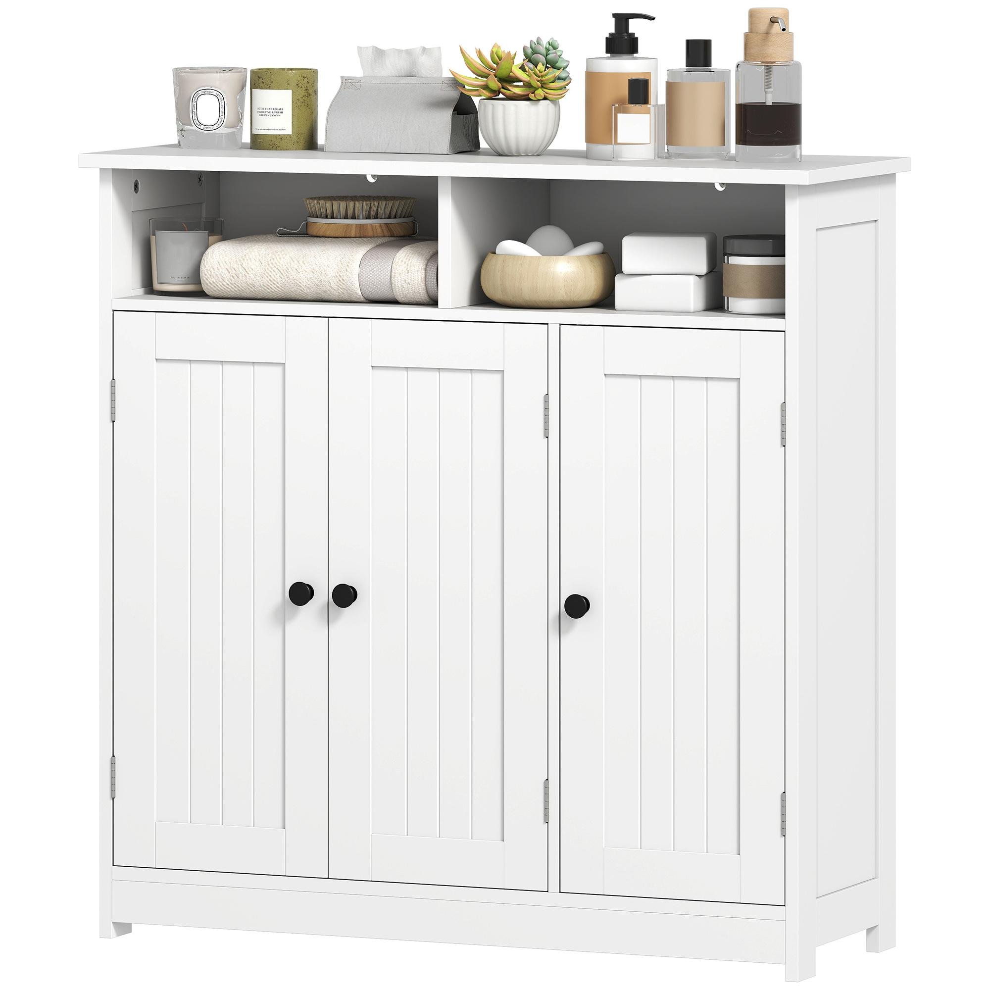 White Three Door Bathroom Cabinet with Open Shelves, 33.5 in