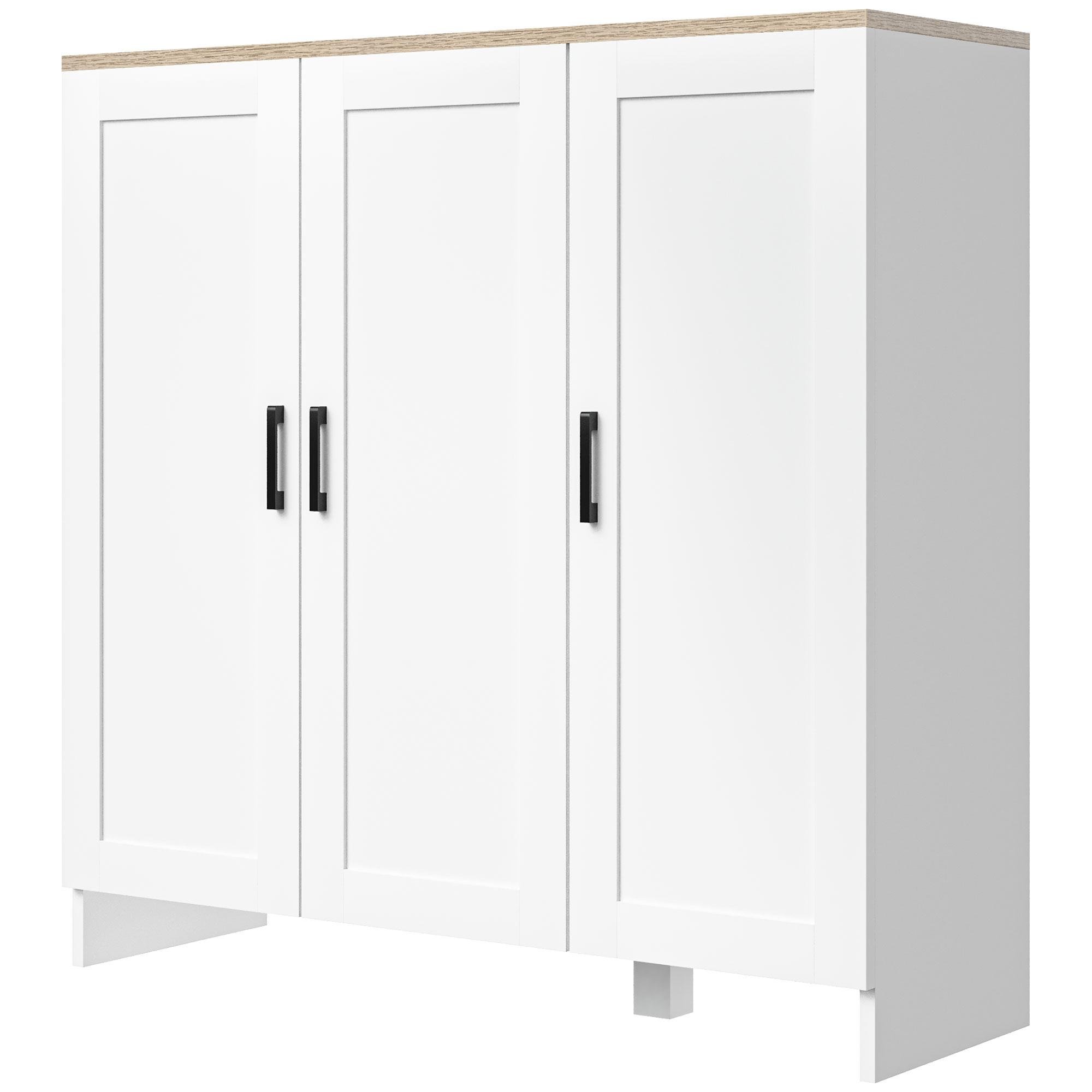 White Three Door Cabinet with Adjustable Shelves, 35.4 in