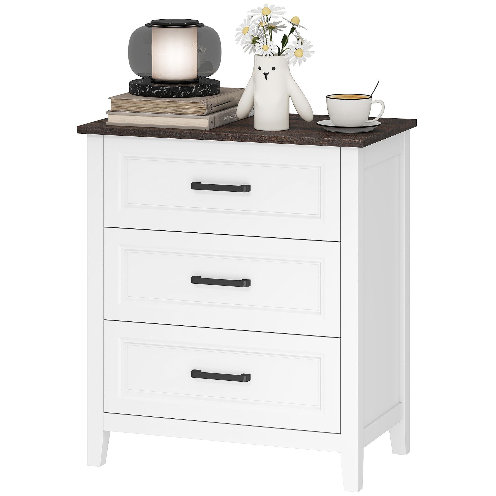 White Three Drawer Dresser with Brown Wood-Grain Top