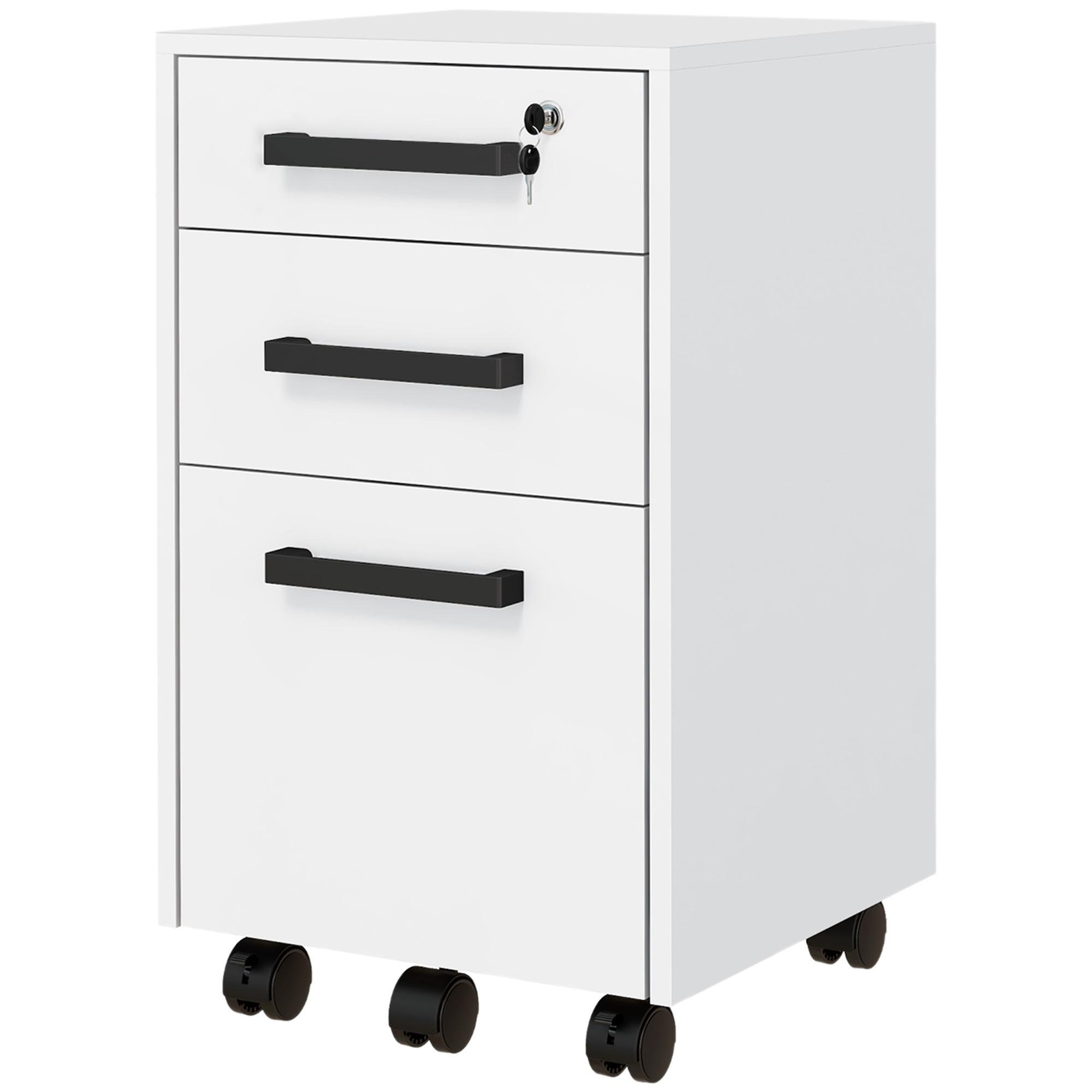 White 3 Drawer File Cabinet with Lock and Wheels