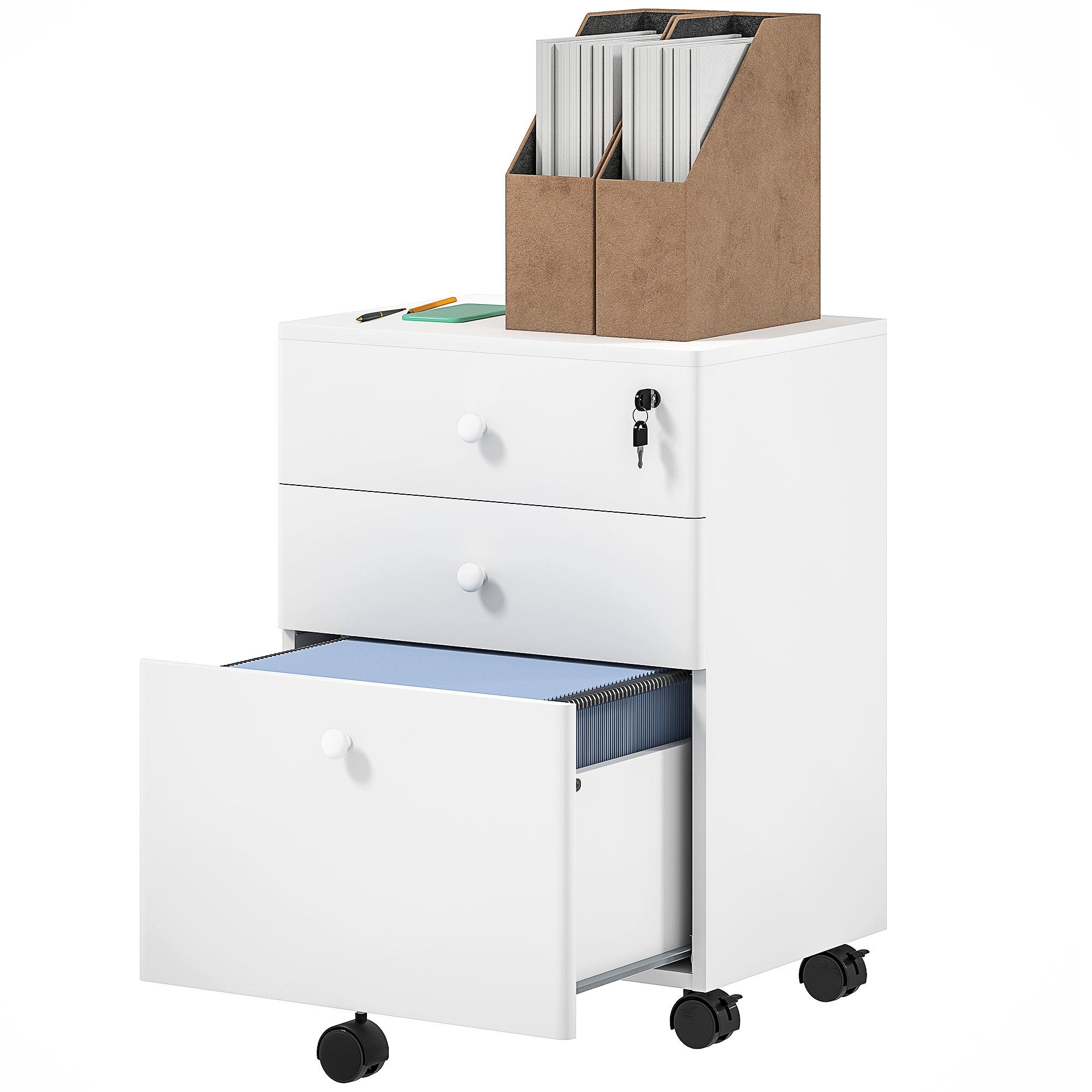 White 3 Drawer Mobile Cabinet with Lock and Wheels