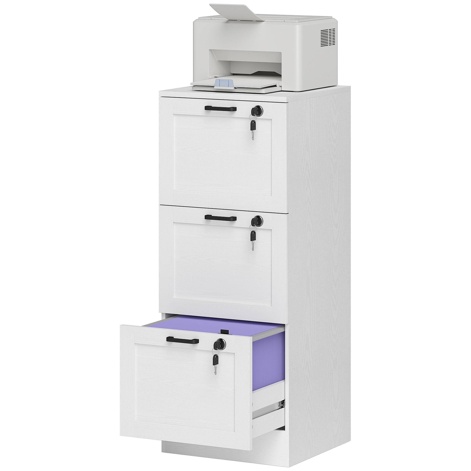 White MDF 3 Drawer Cabinet with Lock, 15.7 x 15.7 x 39.8 in