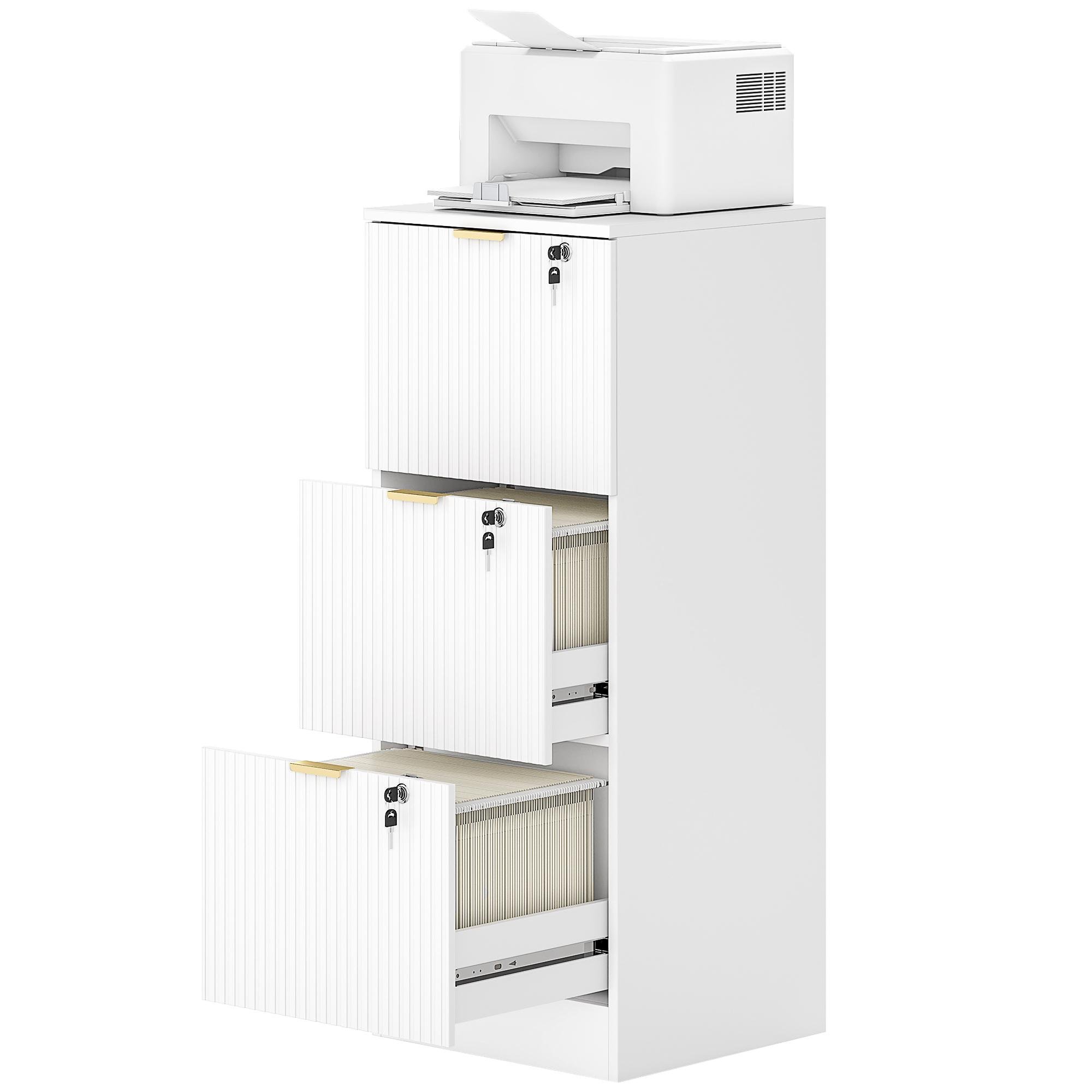 White Fluted 3 Drawer Cabinet with Lockable File Storage