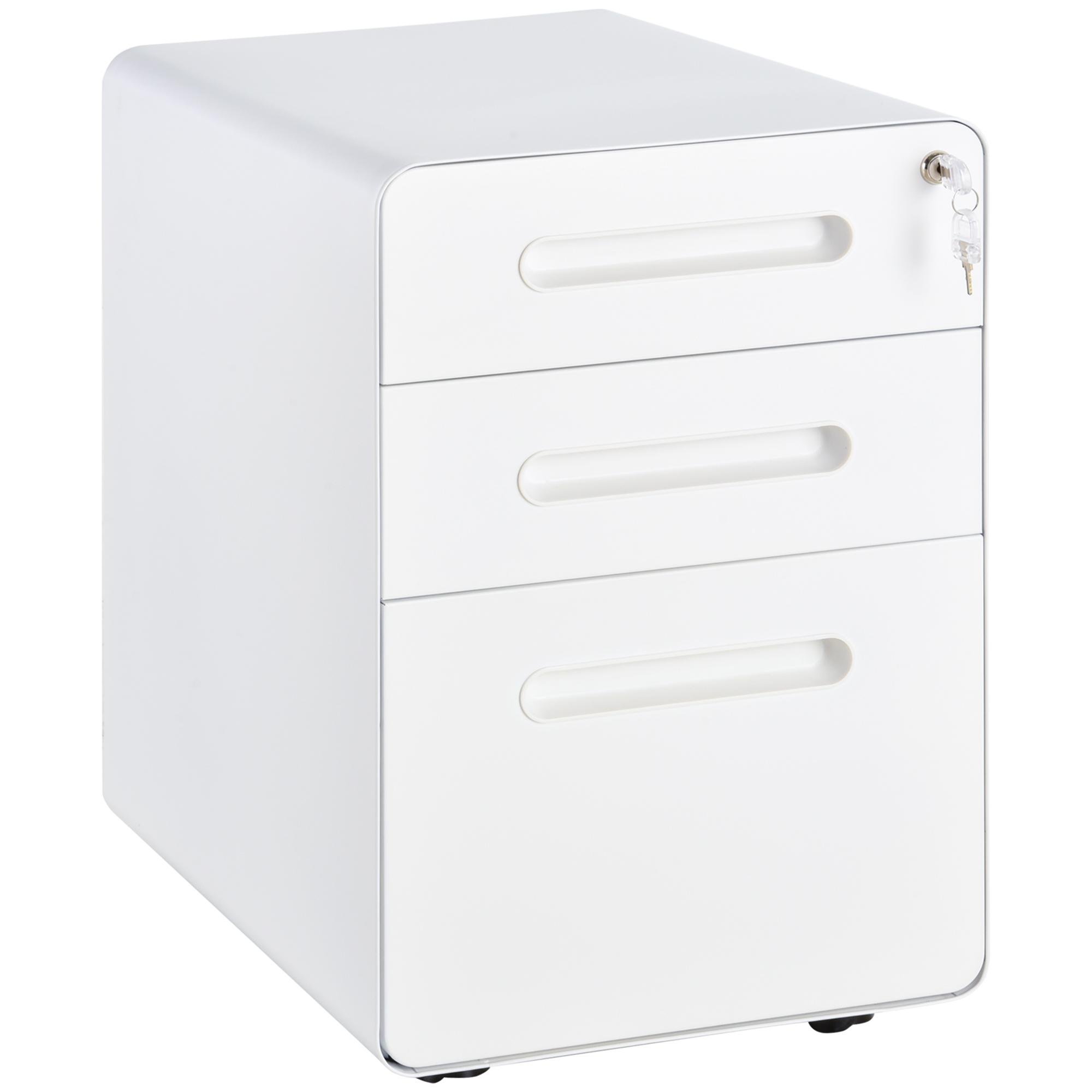 White 3 Drawer Filing Cabinet with Lock and Wheels